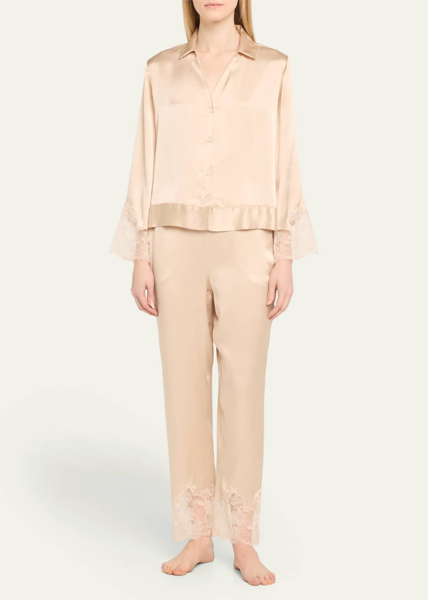Josie Natori Lolita Cropped Lace-Trim Charmeuse Pajama Set Image 2 of 5