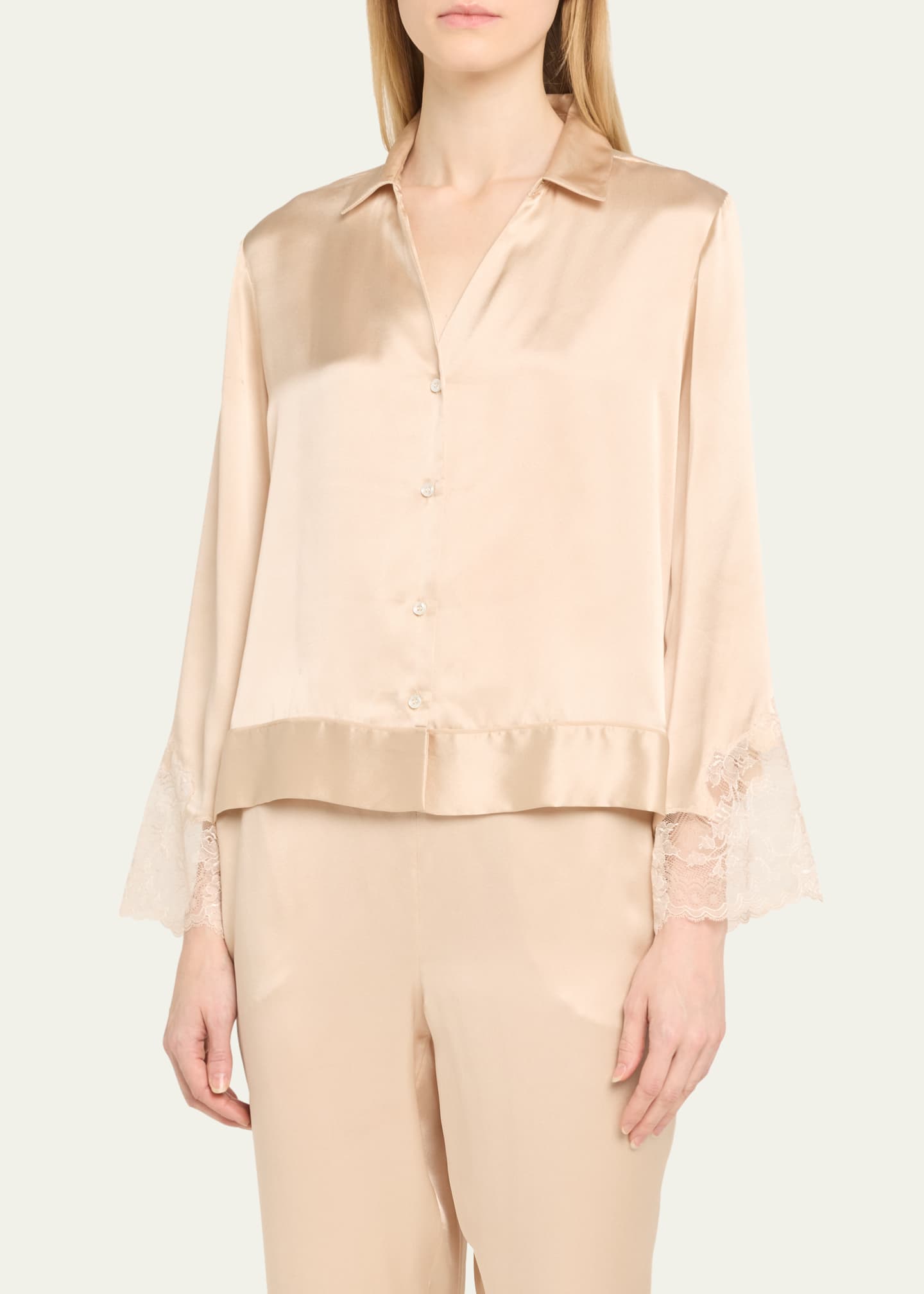 Josie Natori Lolita Cropped Lace-Trim Charmeuse Pajama Set Image 4 of 5