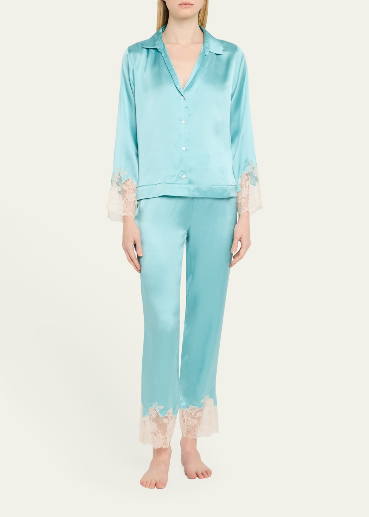 Josie Natori Lolita Cropped Lace-Trim Charmeuse Pajama Set Image 2 of 5