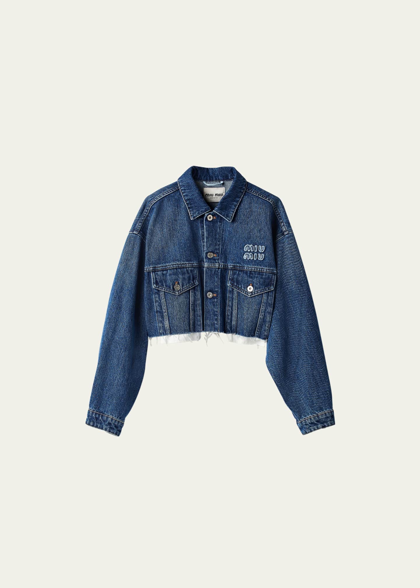 miumiu2023/24イ・ユミ着 ロゴ刺繍 クロップド丈 デニム ジャケット Miu Miu Logo Cropped Denim Jacket - Bergdorf Goodman
