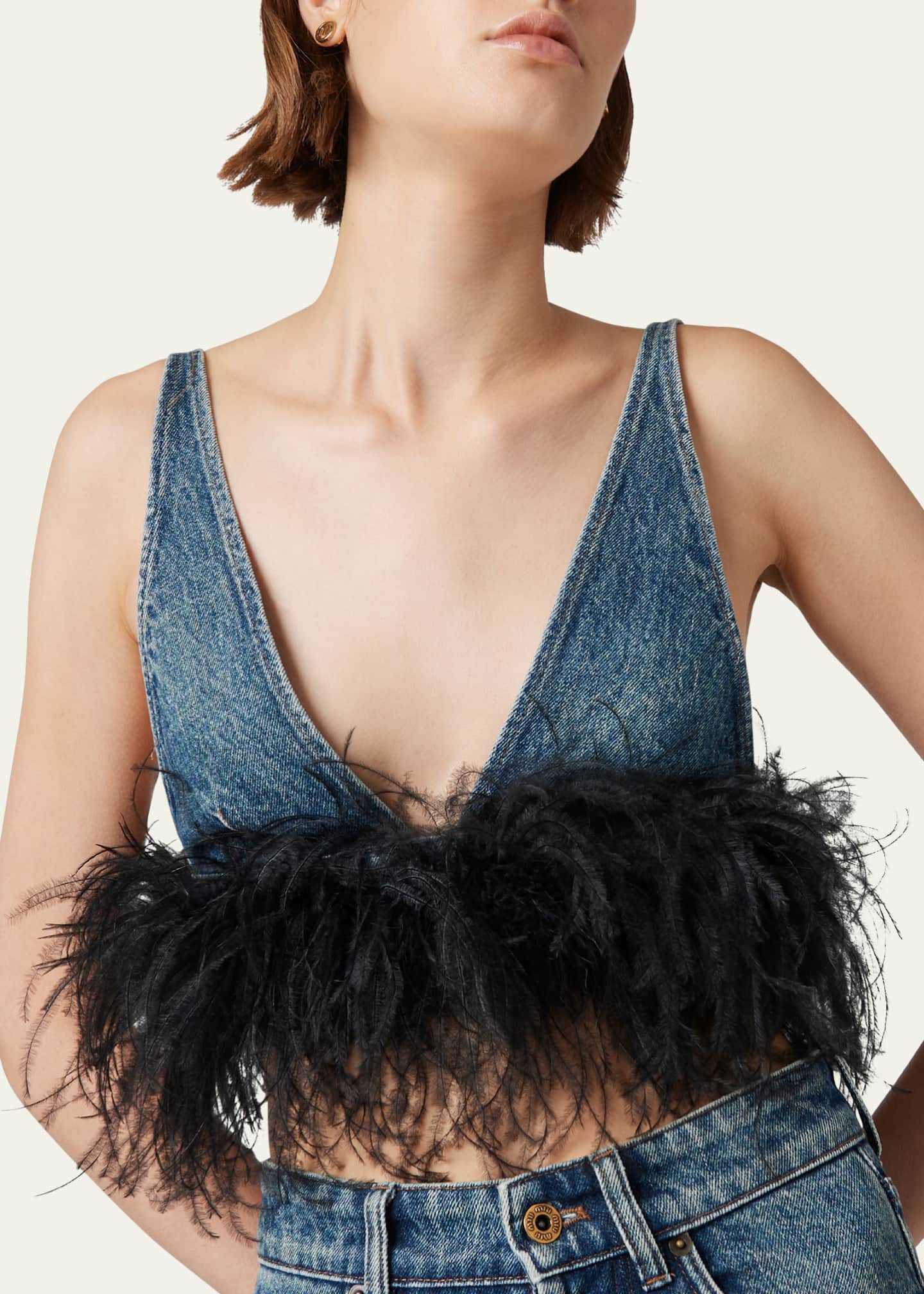 Miu Miu Denim Bra Top With Feather Image 4 of 5