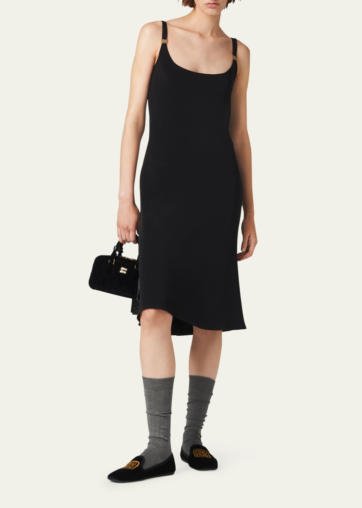 Miu Miu Cady Midi Silk Dress with Metal Logo Hardware