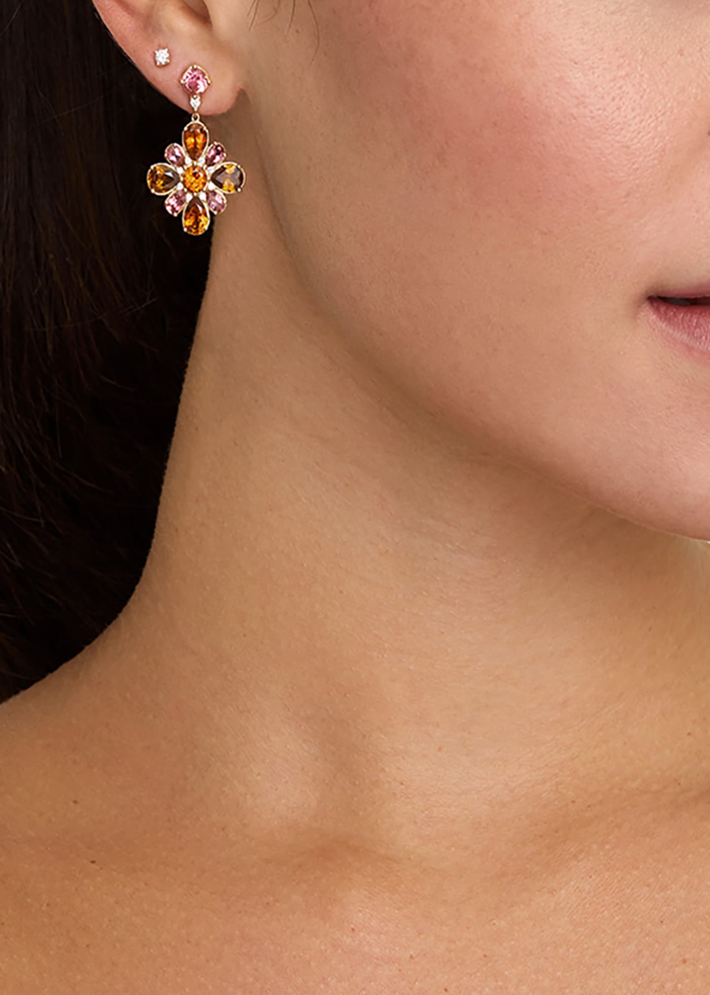 Jamie Wolf 18K Yellow Gold Floral Earrings with Orange Tourmaline, Pink Tourmaline and Diamonds ...