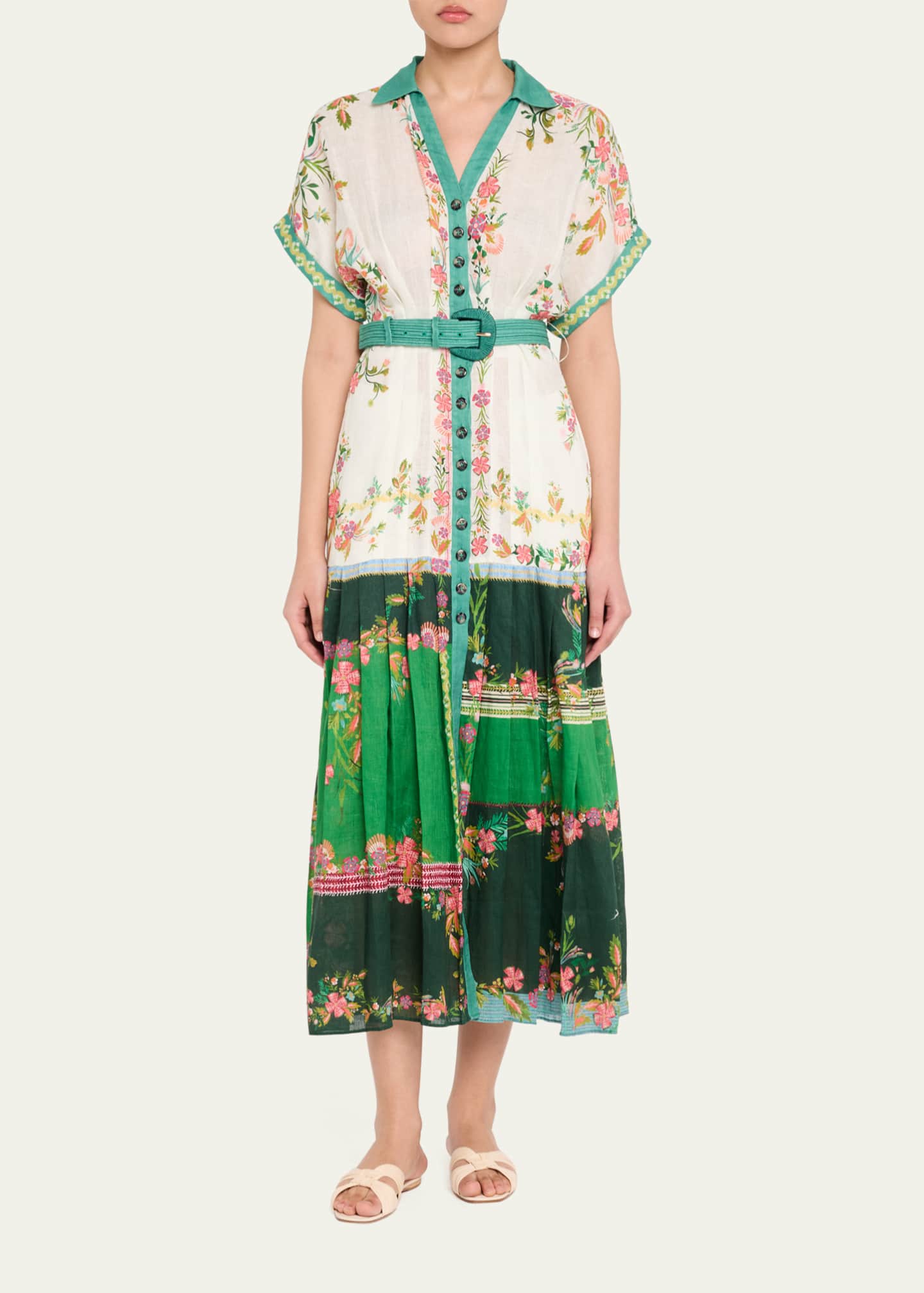 Saloni Riya-B Belted Floral Linen Maxi Shirt Dress Image 2 of 5