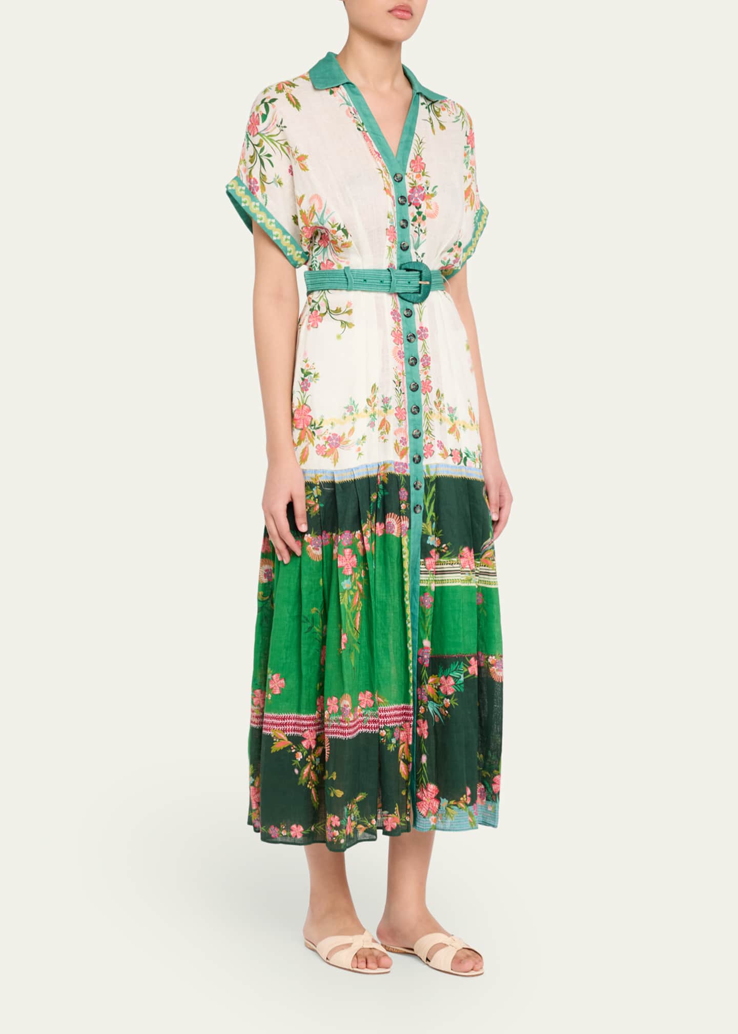 Saloni Riya-B Belted Floral Linen Maxi Shirt Dress Image 4 of 5