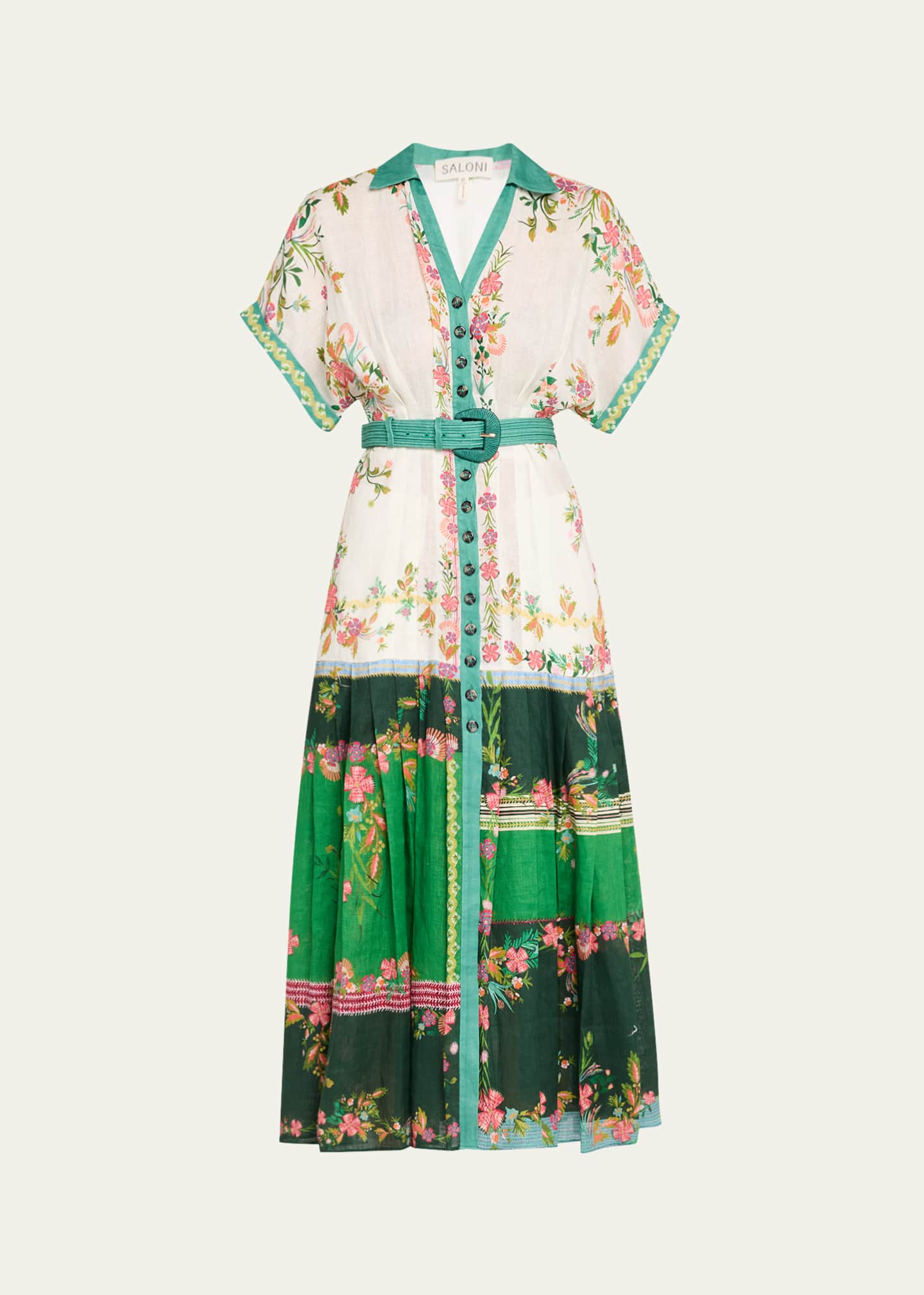 Saloni Riya-B Belted Floral Linen Maxi Shirt Dress Image 1 of 5