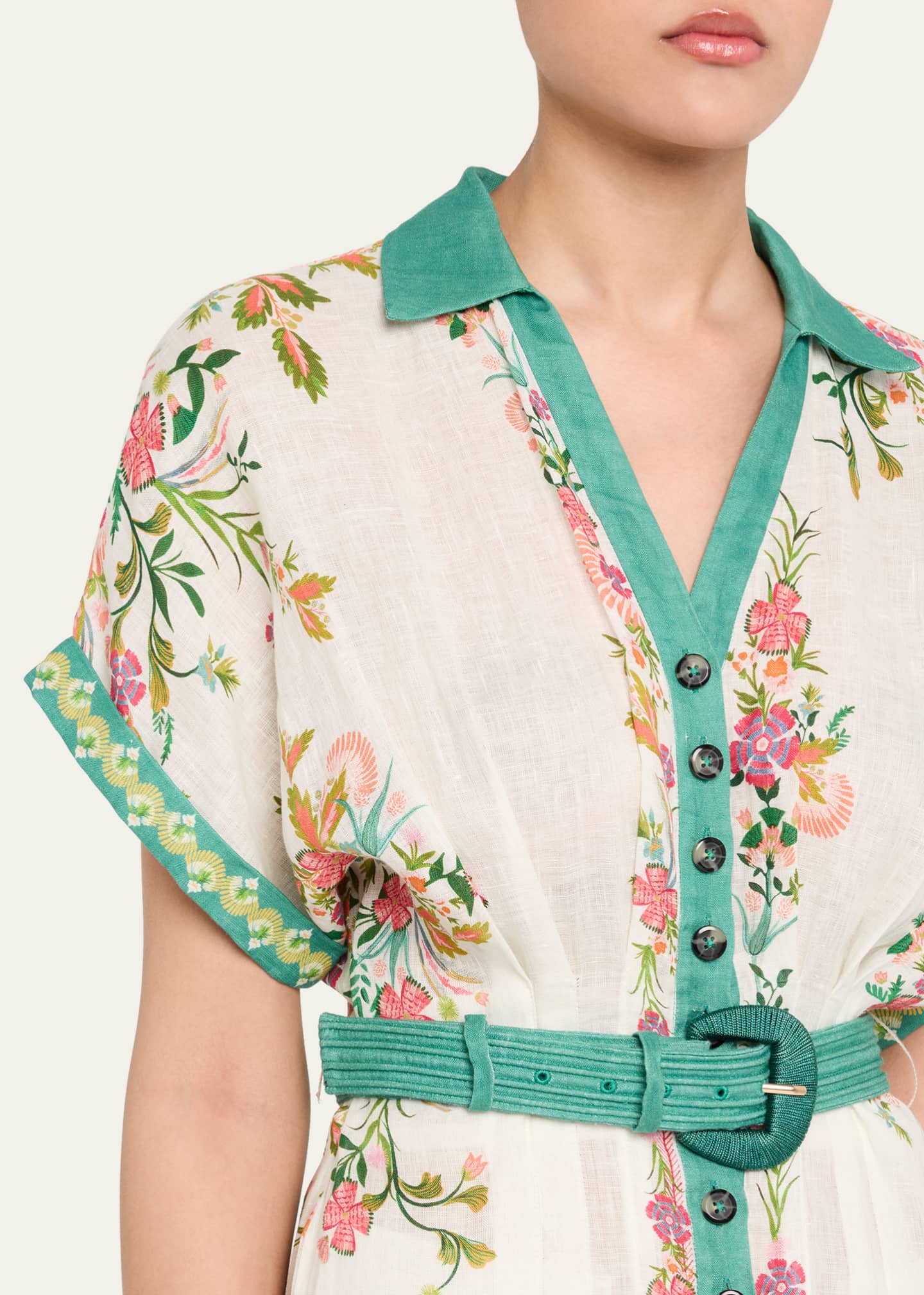 Saloni Riya-B Belted Floral Linen Maxi Shirt Dress Image 5 of 5