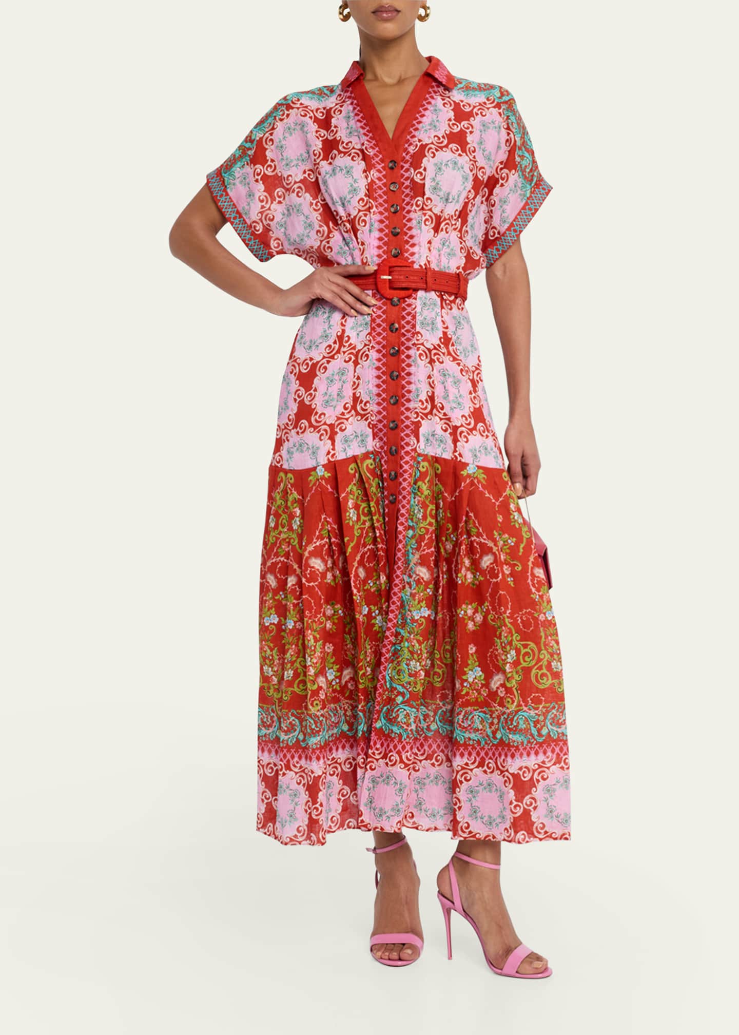 Saloni Riya-B Belted Floral Linen Maxi Shirt Dress Image 2 of 5