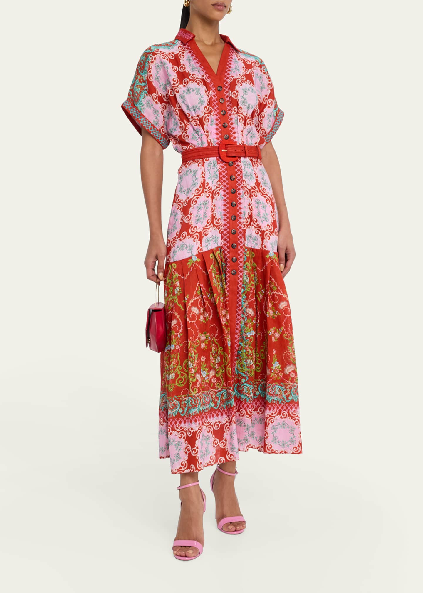 Saloni Riya-B Belted Floral Linen Maxi Shirt Dress Image 4 of 5