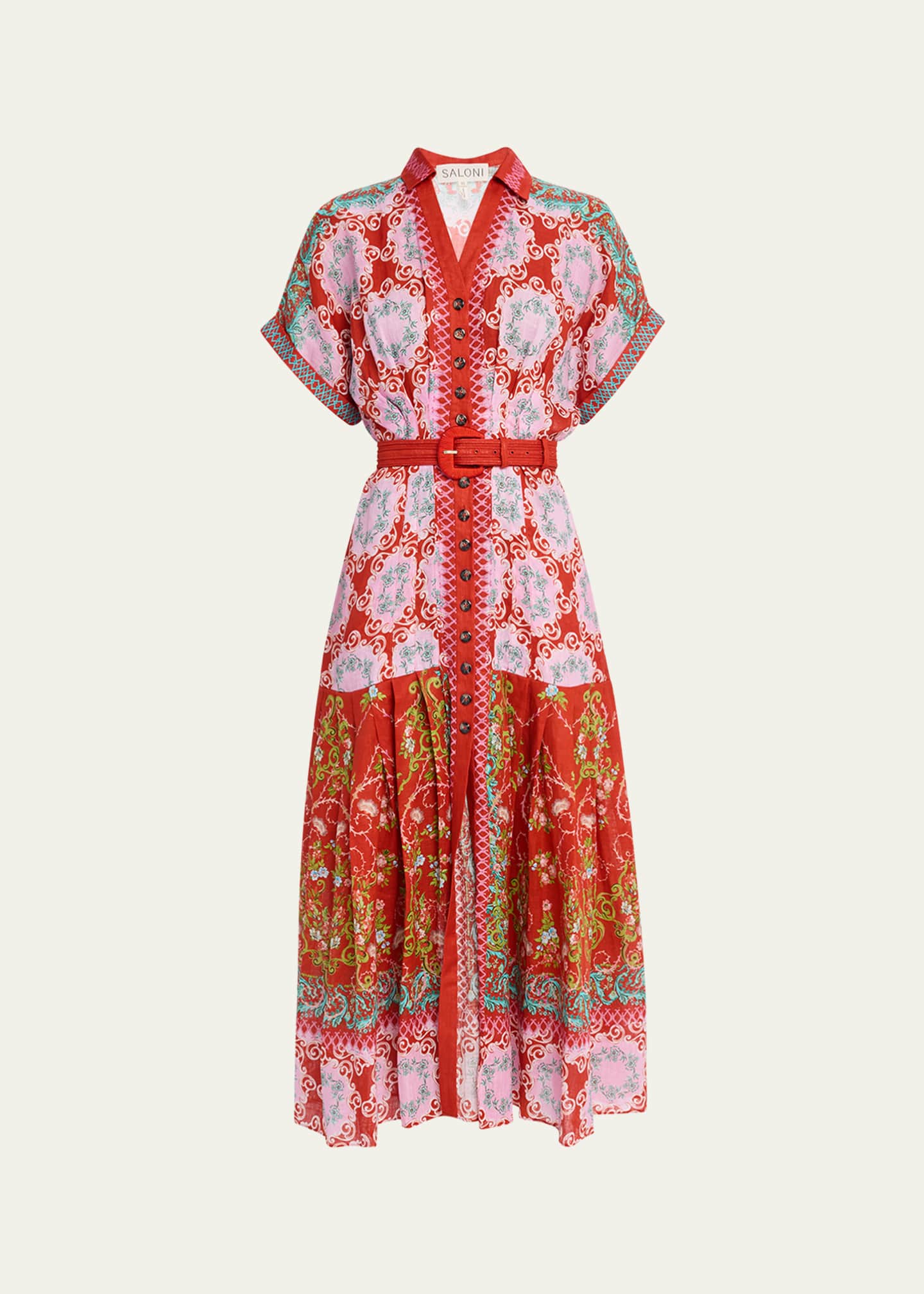 Saloni Riya-B Belted Floral Linen Maxi Shirt Dress Image 1 of 5
