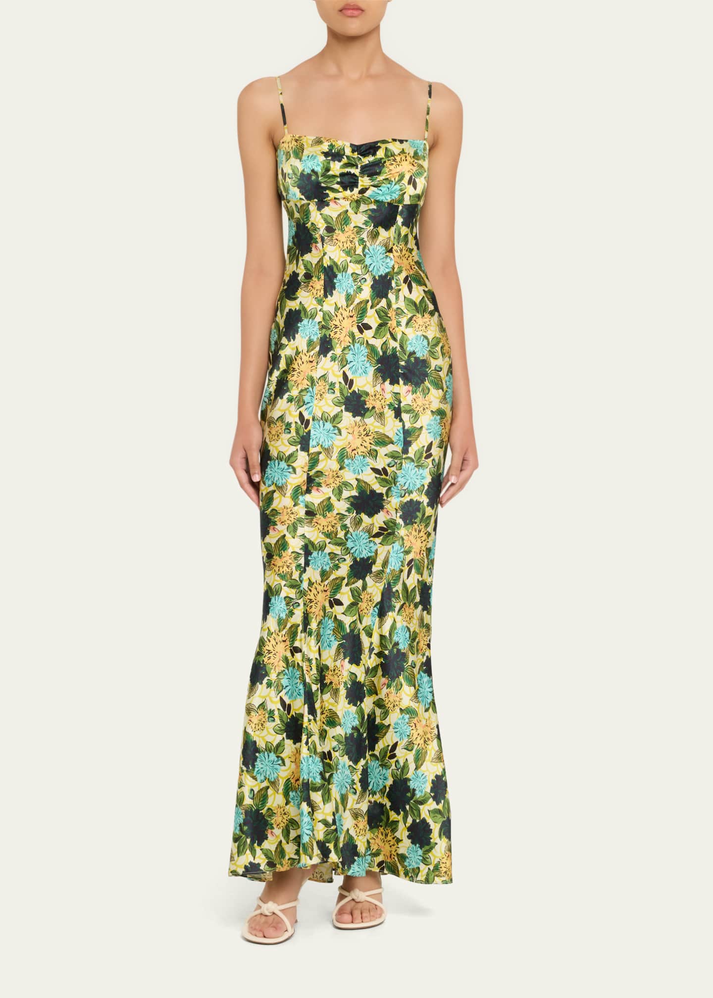 Saloni Renee Long Floral Silk Spaghetti-Strap Dress Image 2 of 5
