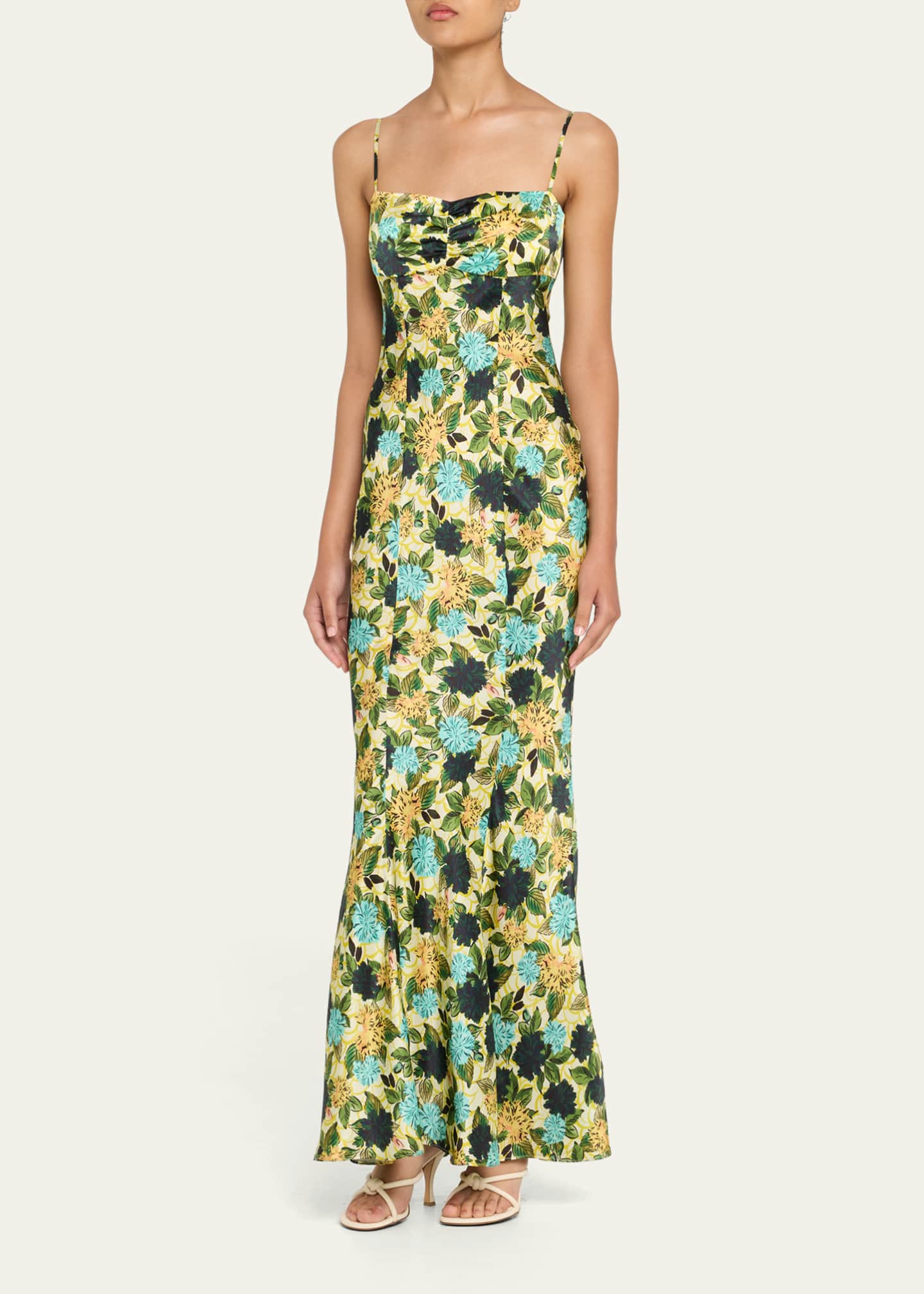 Saloni Renee Long Floral Silk Spaghetti-Strap Dress Image 4 of 5