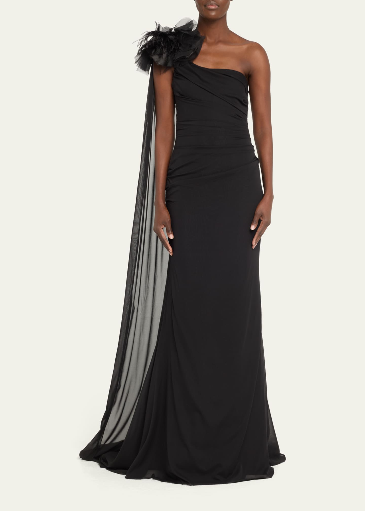 Pamella Roland Chiffon Draped One-Shoulder Gown with Floral Detail ...