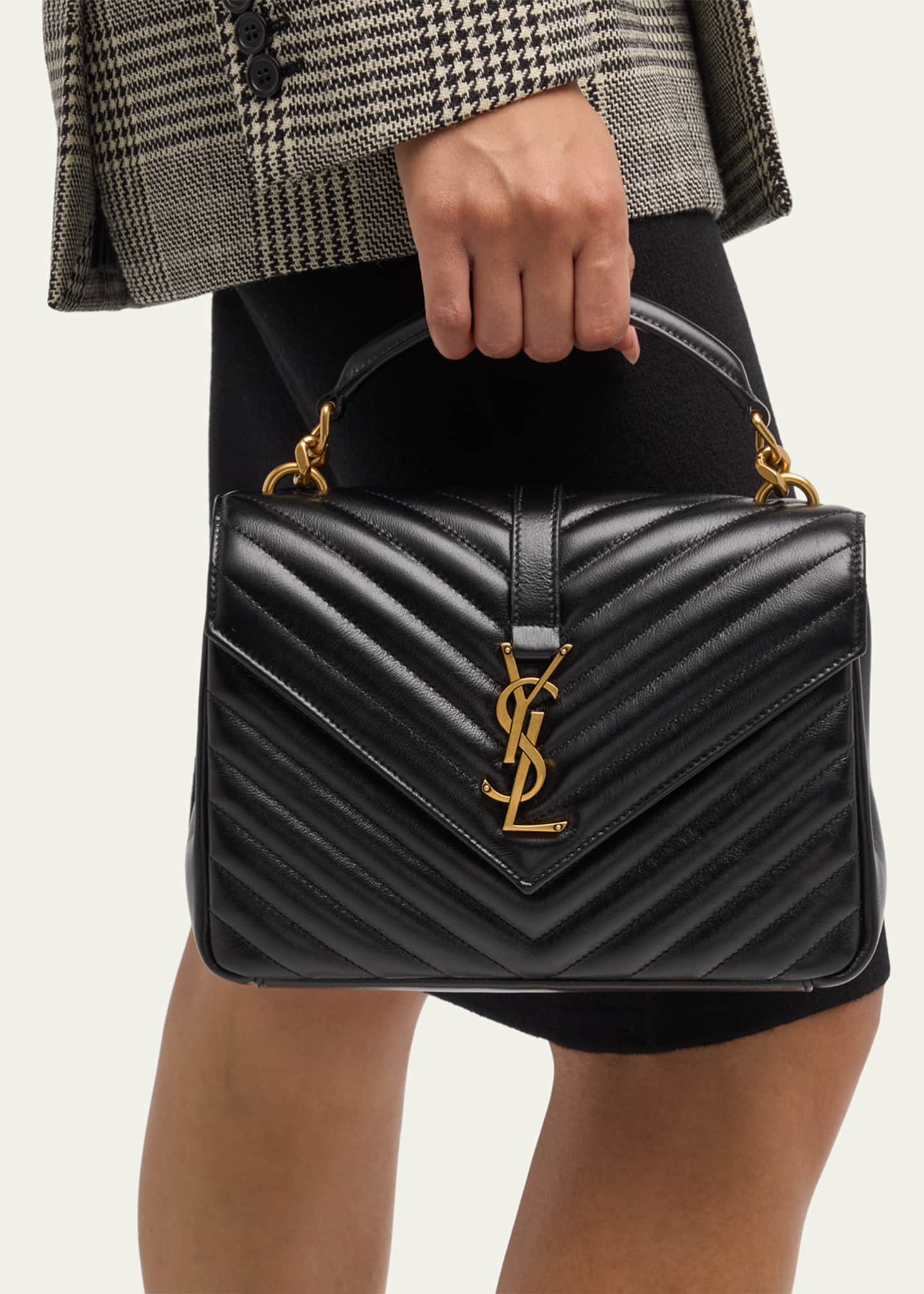 Saint Laurent College Medium YSL Flap Top-Handle Bag in Quilted Leather Image 2 of 6