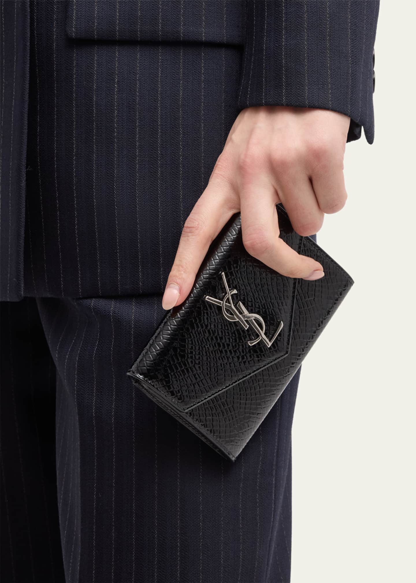 Saint Laurent Small Ysl Flap Wallet in Python Embossed Leather Black