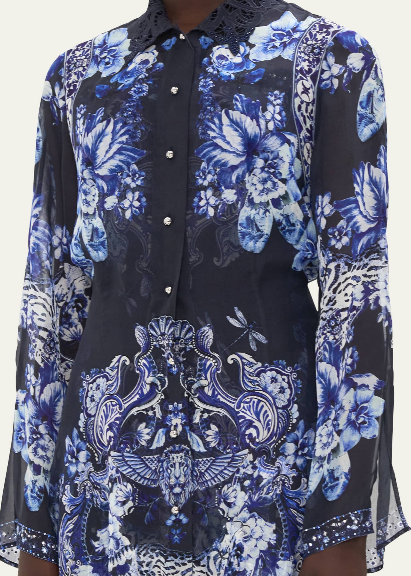 PRINTED TRENCH WITH CUTWORK LACE COLLAR DELFT DYNASTY