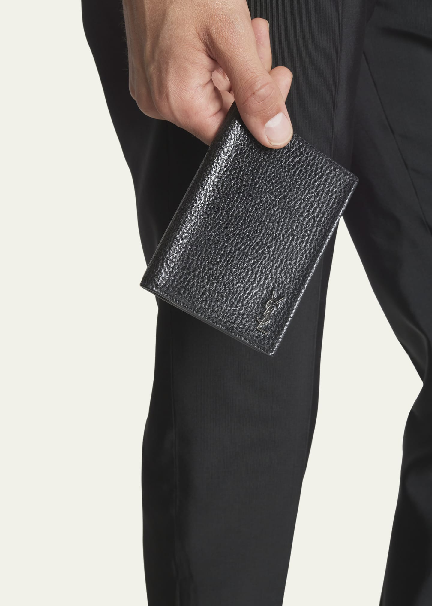Saint Laurent Men's YSL Pebbled Leather Vertical Bifold Card Case Image 2 of 4