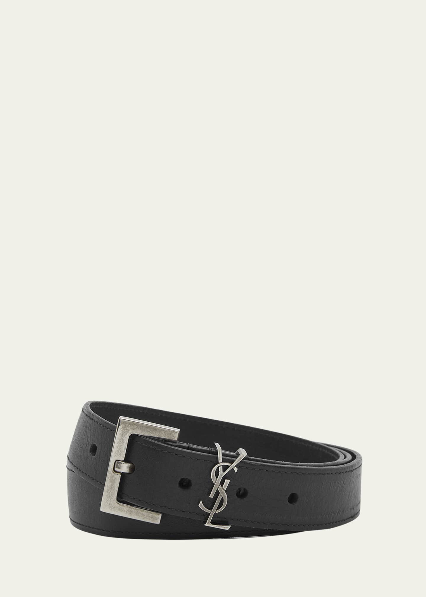 Saint Laurent Men's Cassandre Calfskin Square-Buckle Belt