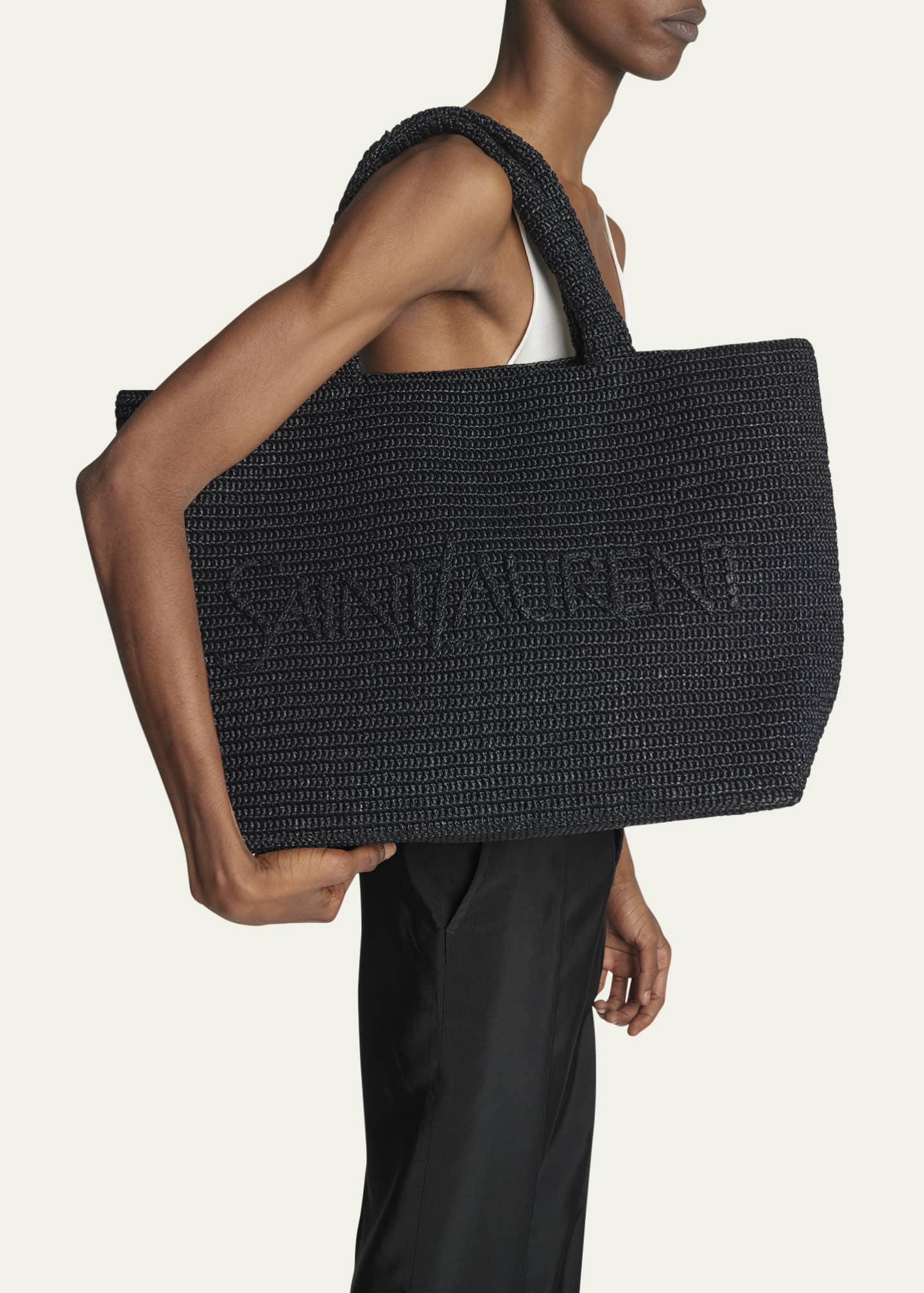 Saint Laurent Men's Tonal Logo Raffia Tote Bag Image 2 of 5
