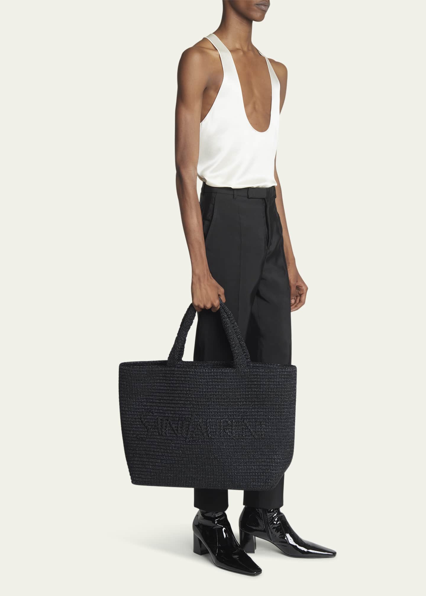 Saint Laurent Men's Tonal Logo Raffia Tote Bag Image 5 of 5