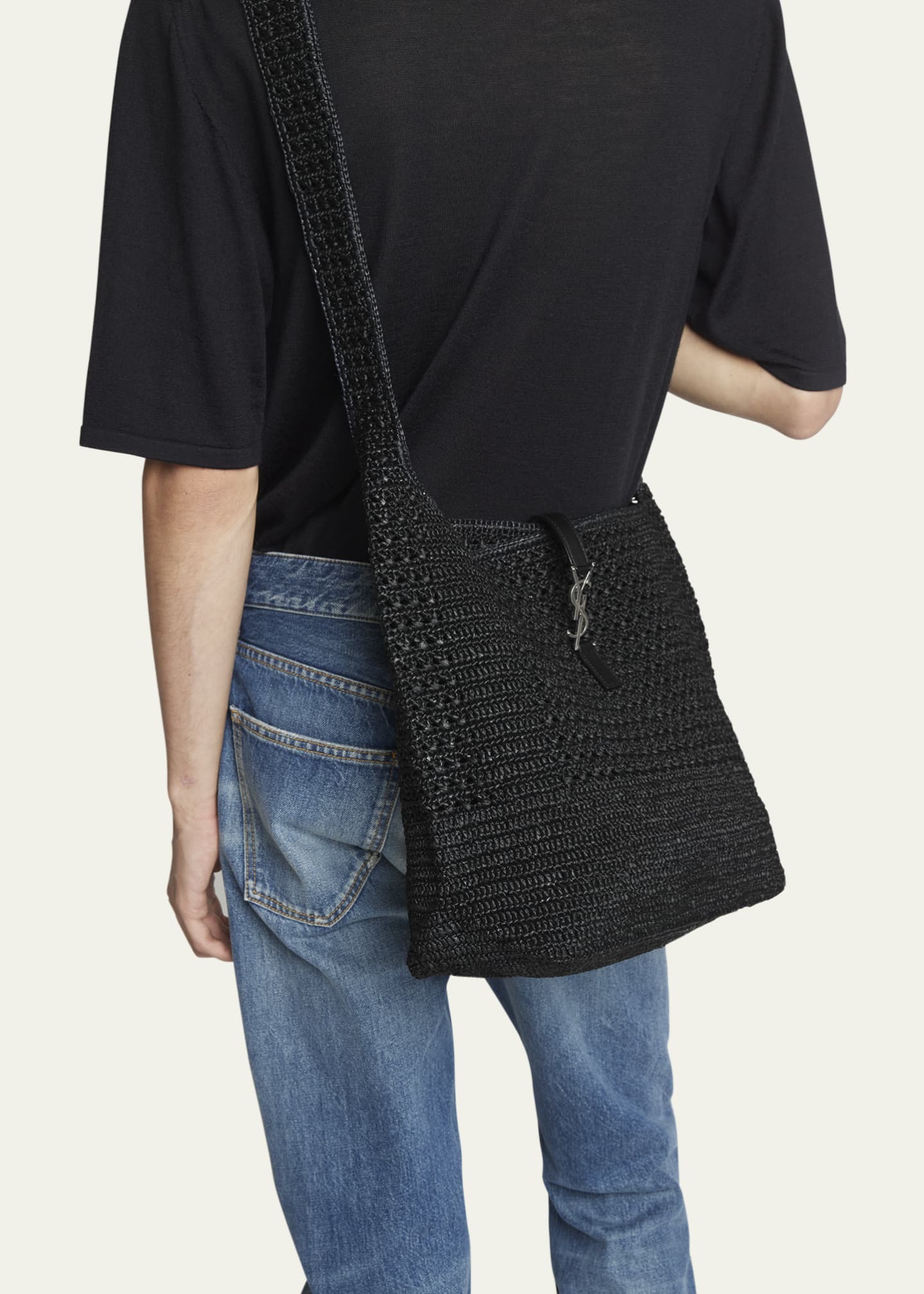 Saint Laurent Men's LE 5 A 7 Raffia Hobo Bag Image 2 of 5