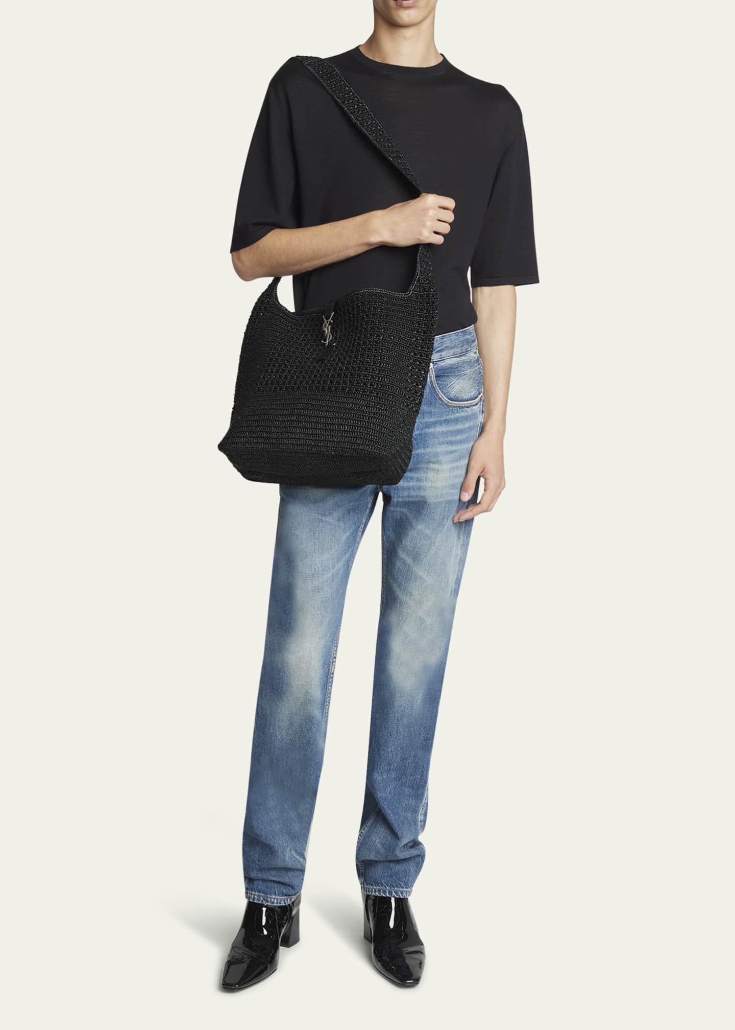 Saint Laurent Men's LE 5 A 7 Raffia Hobo Bag Image 5 of 5