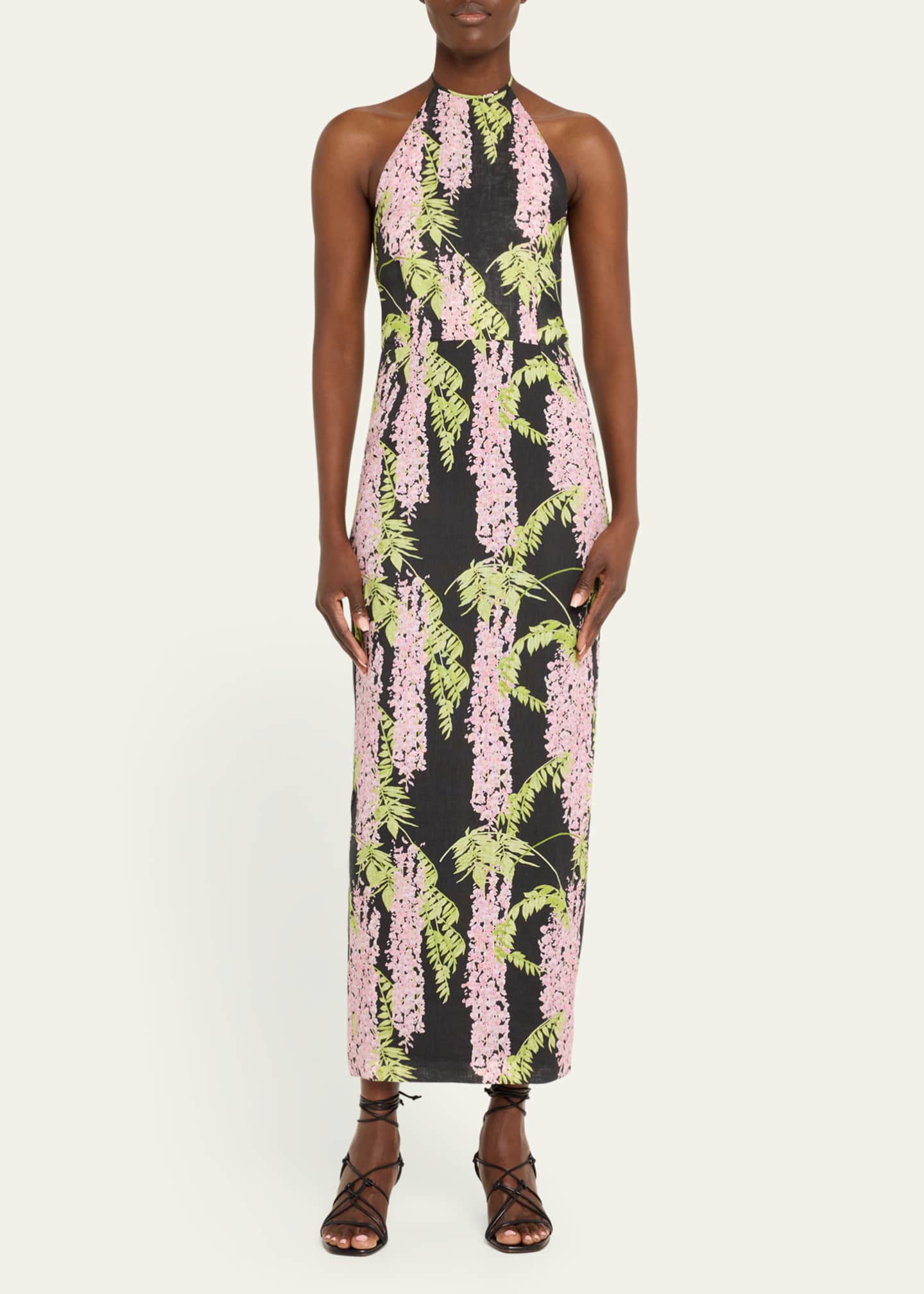 BERNADETTE Delilah Halter Backless Linen Midi Dress Image 2 of 5