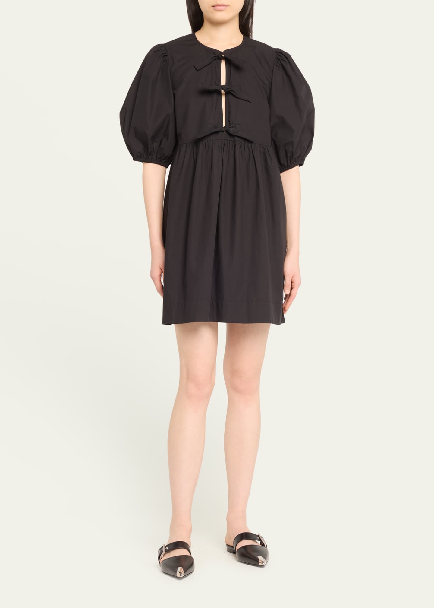 GANNI｜DRESSES (BLACK COTTON POPLIN PUFF SLEEVE MINI DRE Ganni Cotton Poplin Puff Sleeve Mini Dress - Black | Garmentory
