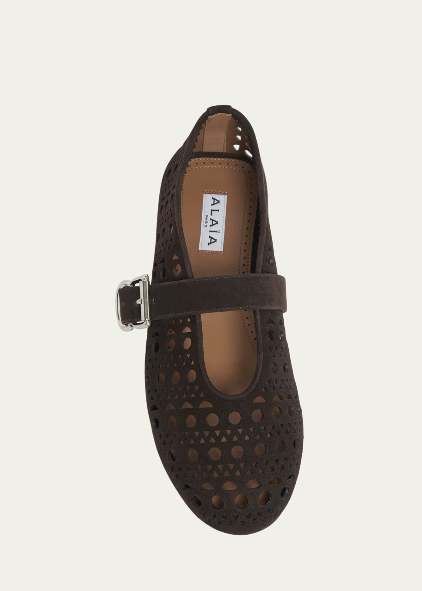 ALAIA Vienne Perforated Suede Buckle Ballerina Flats Image 4 of 4
