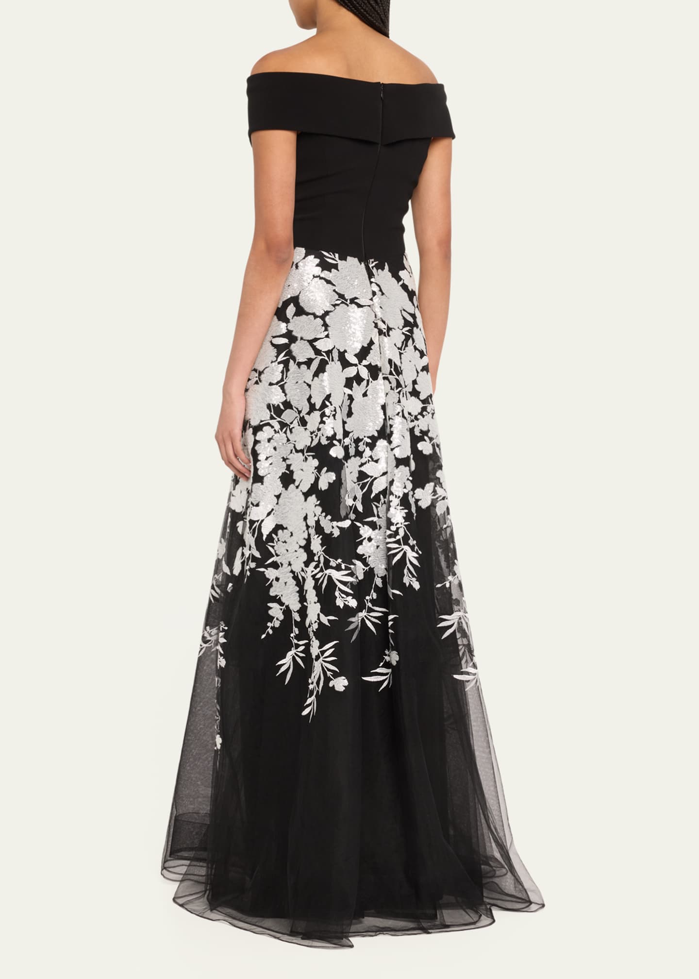Rickie Freeman for Teri Jon Off Shoulder Embroidered Crepe Gown