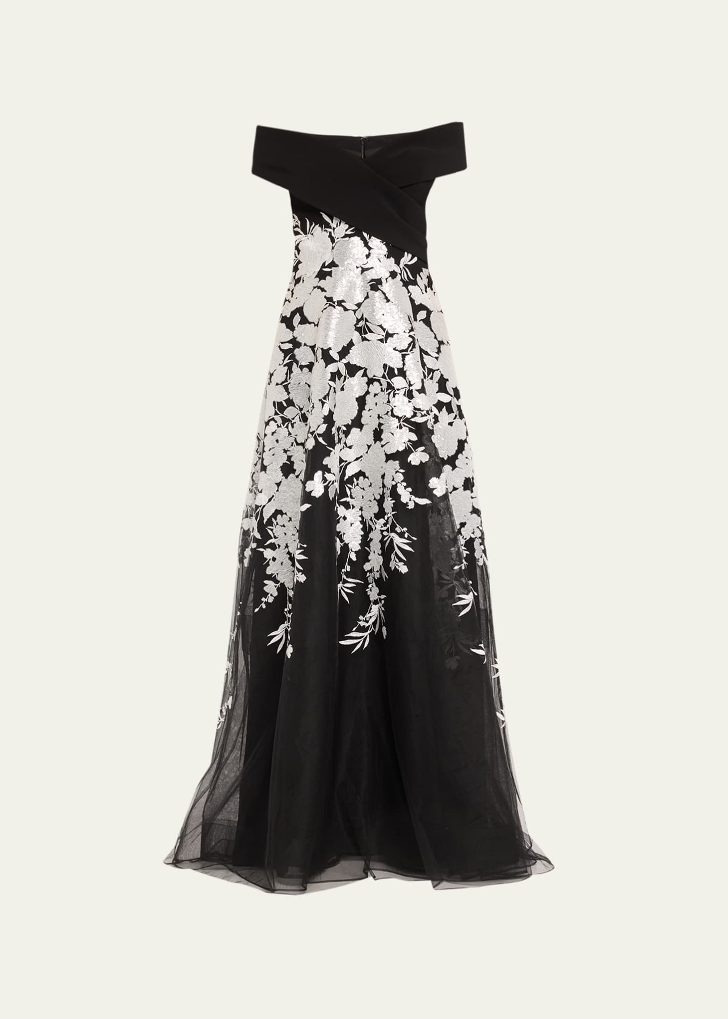 Rickie Freeman for Teri Jon Off Shoulder Embroidered Crepe Gown