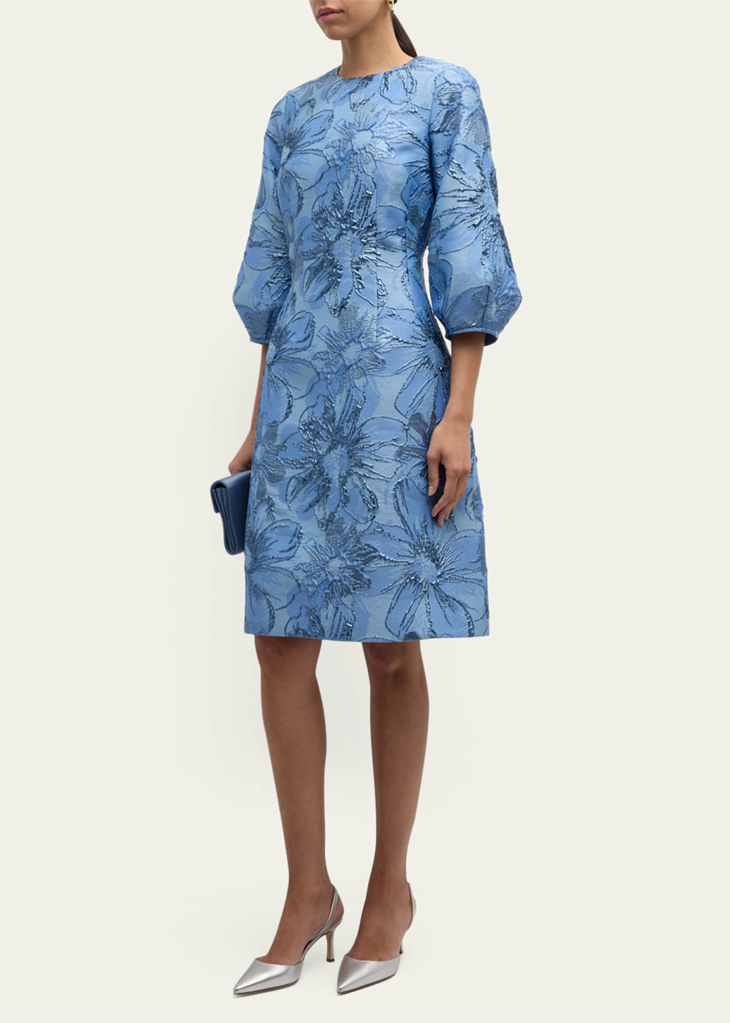 Rickie Freeman for Teri Jon Blouson-Sleeve Metallic Jacquard Midi Dress Image 2 of 5