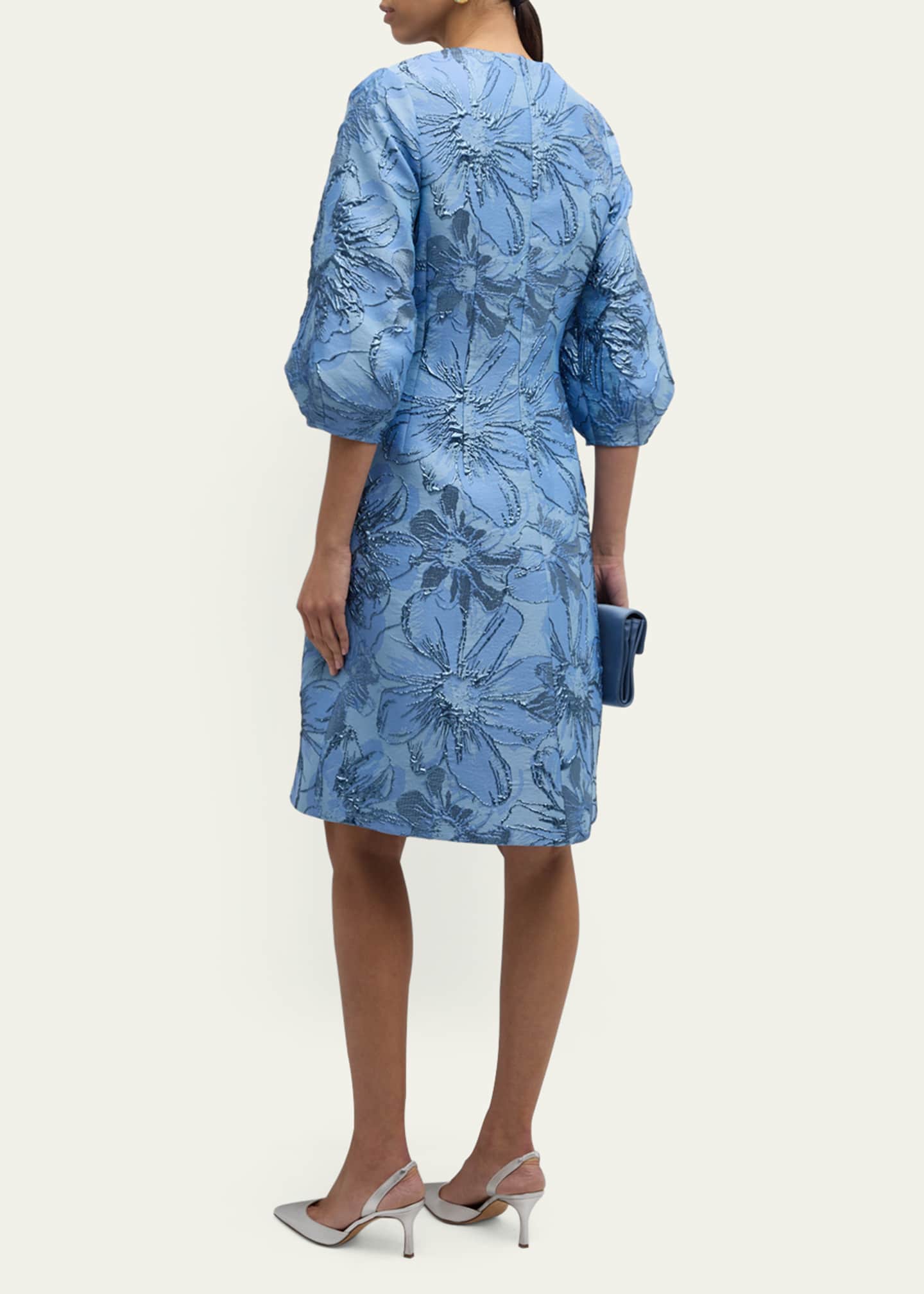 Rickie Freeman for Teri Jon Blouson-Sleeve Metallic Jacquard Midi Dress Image 3 of 5