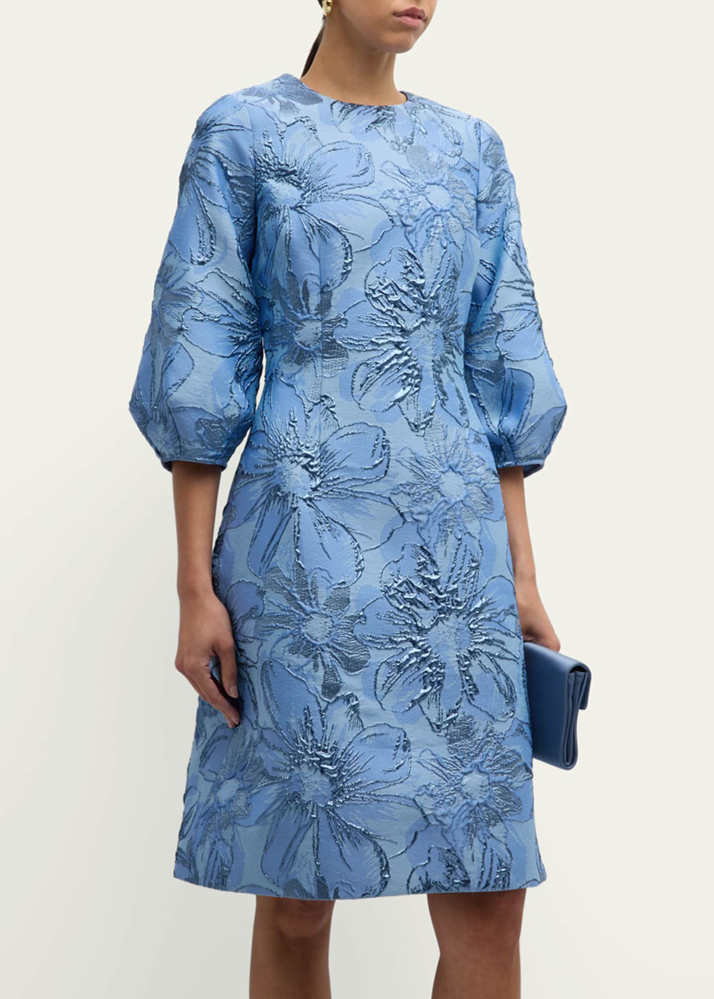 Rickie Freeman for Teri Jon Blouson-Sleeve Metallic Jacquard Midi Dress Image 4 of 5