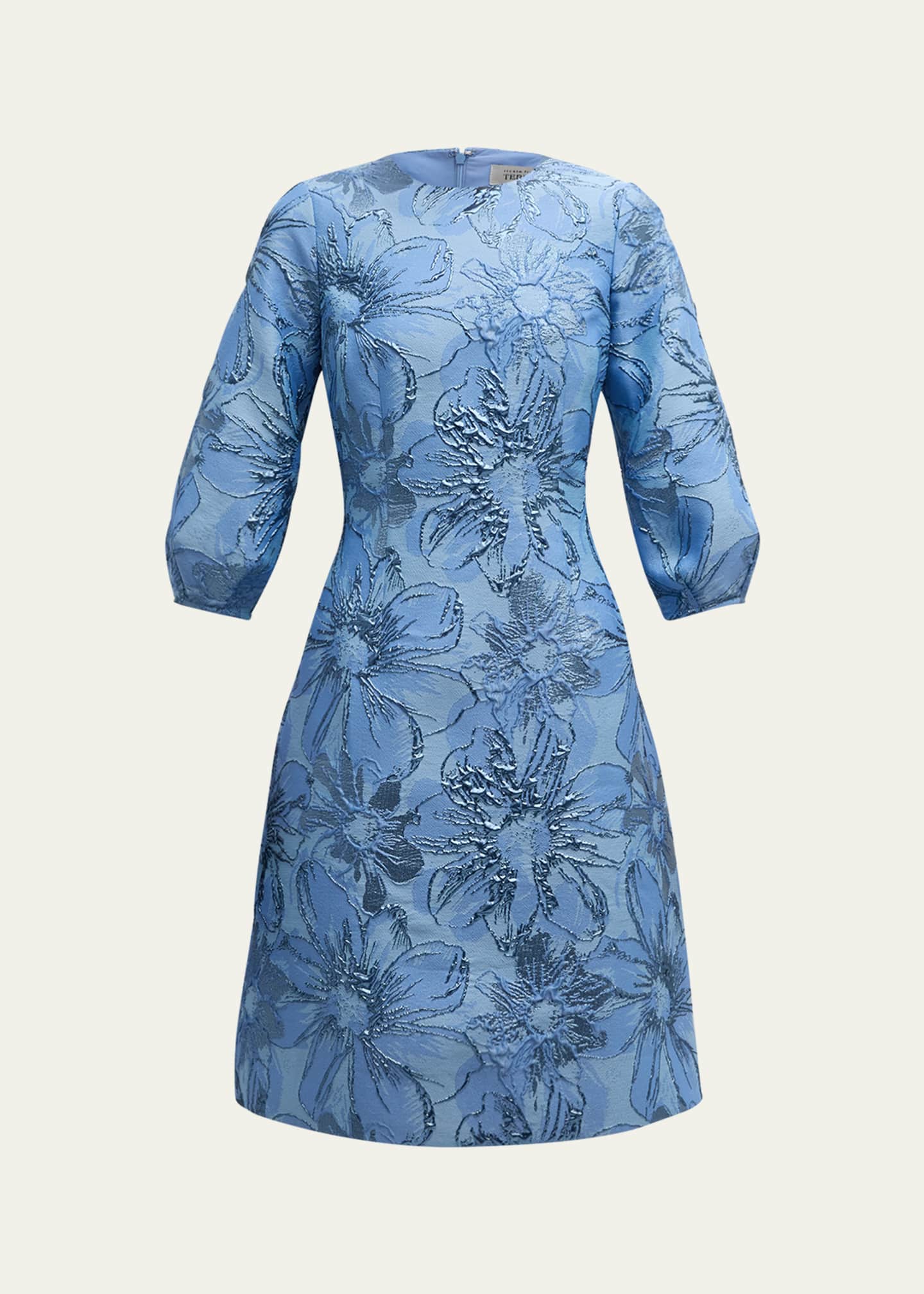 Rickie Freeman for Teri Jon Blouson-Sleeve Metallic Jacquard Midi Dress Image 1 of 5