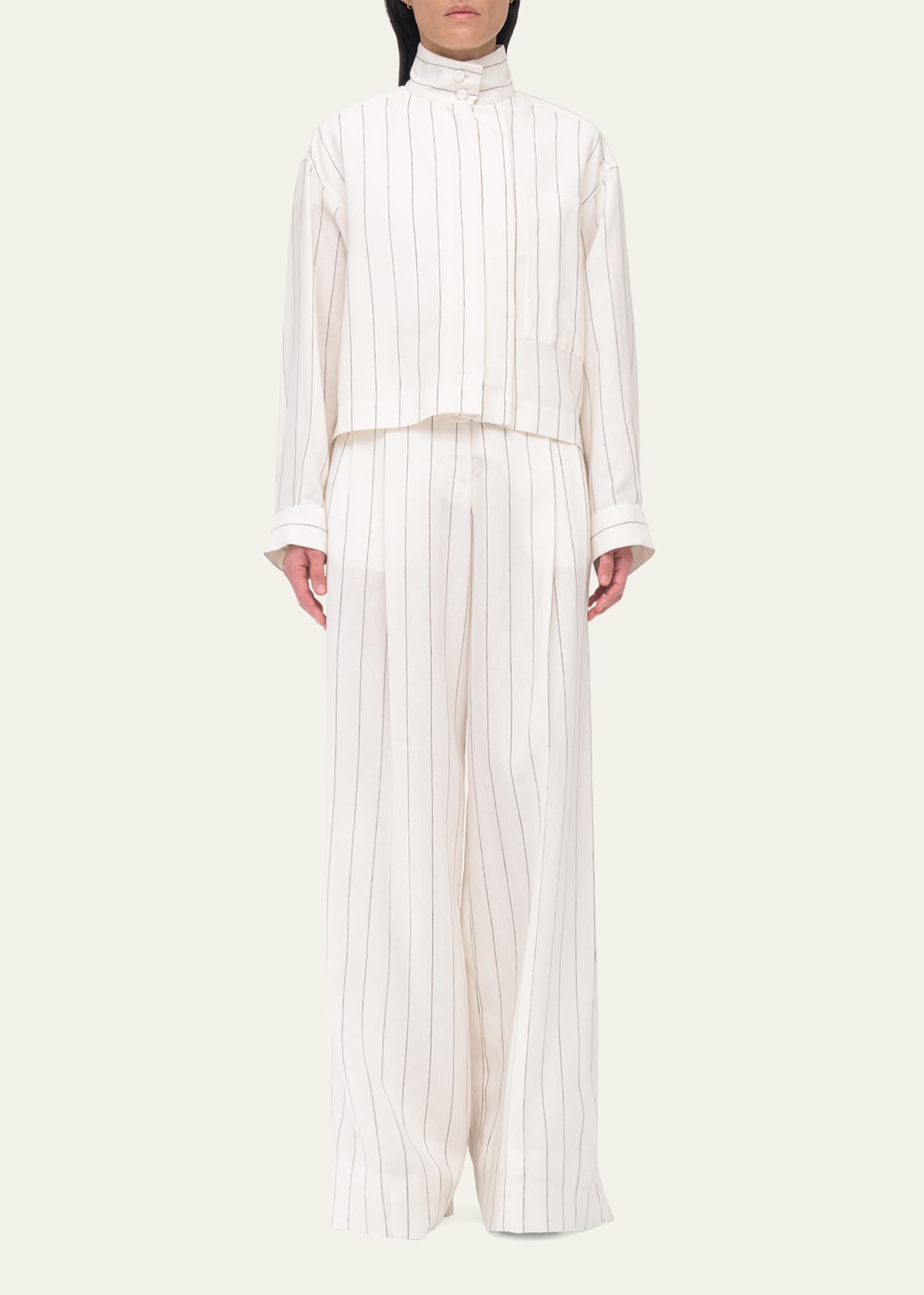 Another Tomorrow Stripe Stand-Collar Crop Linen Shirt Image 2 of 5