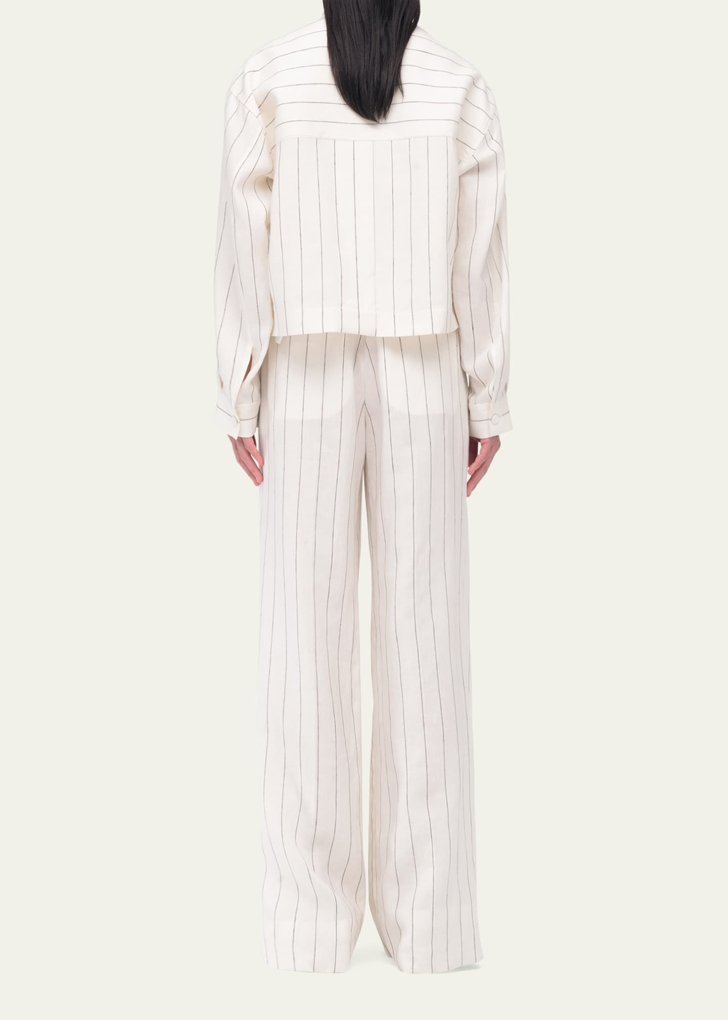Another Tomorrow Stripe Stand-Collar Crop Linen Shirt Image 3 of 5