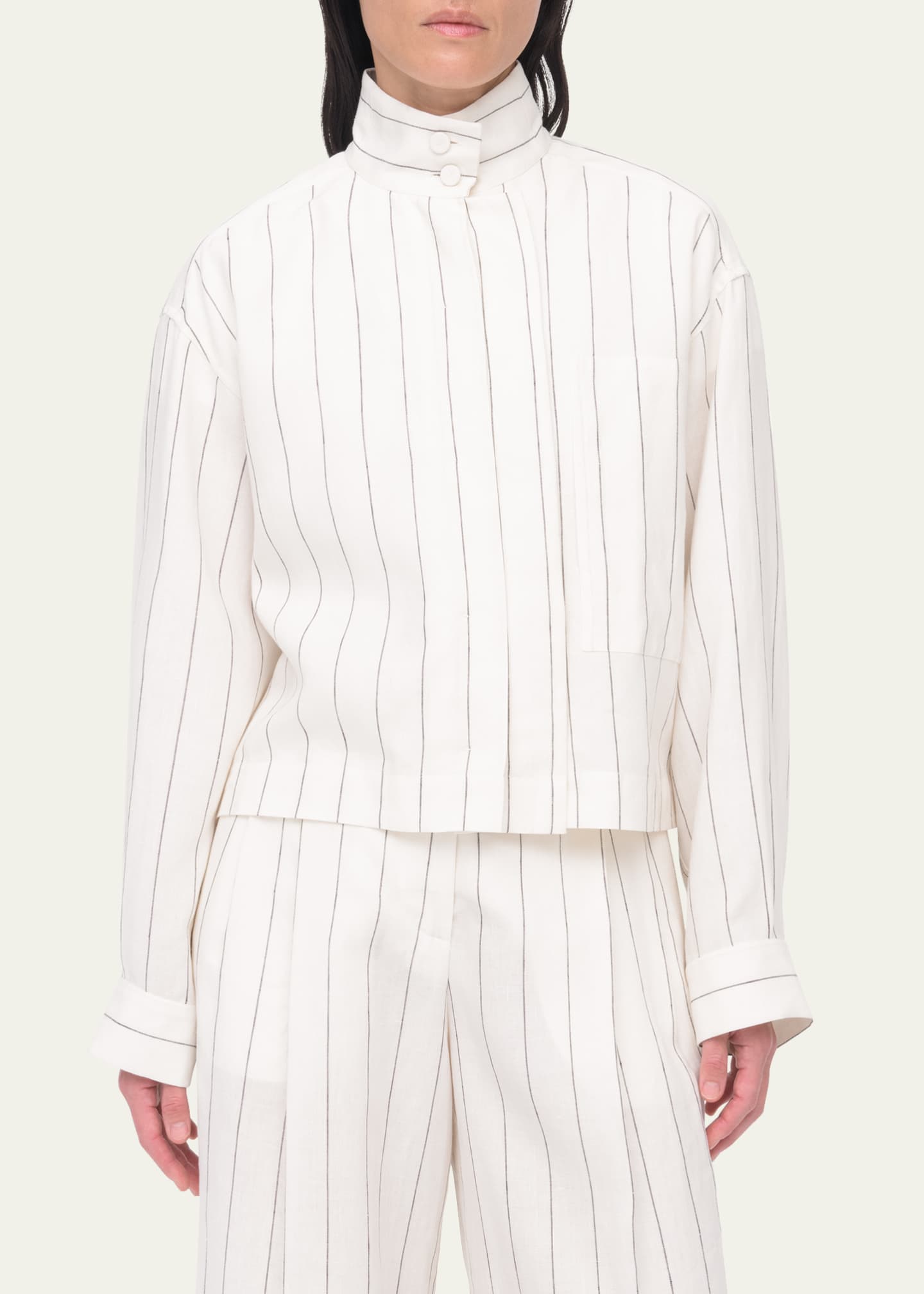 Another Tomorrow Stripe Stand-Collar Crop Linen Shirt Image 4 of 5