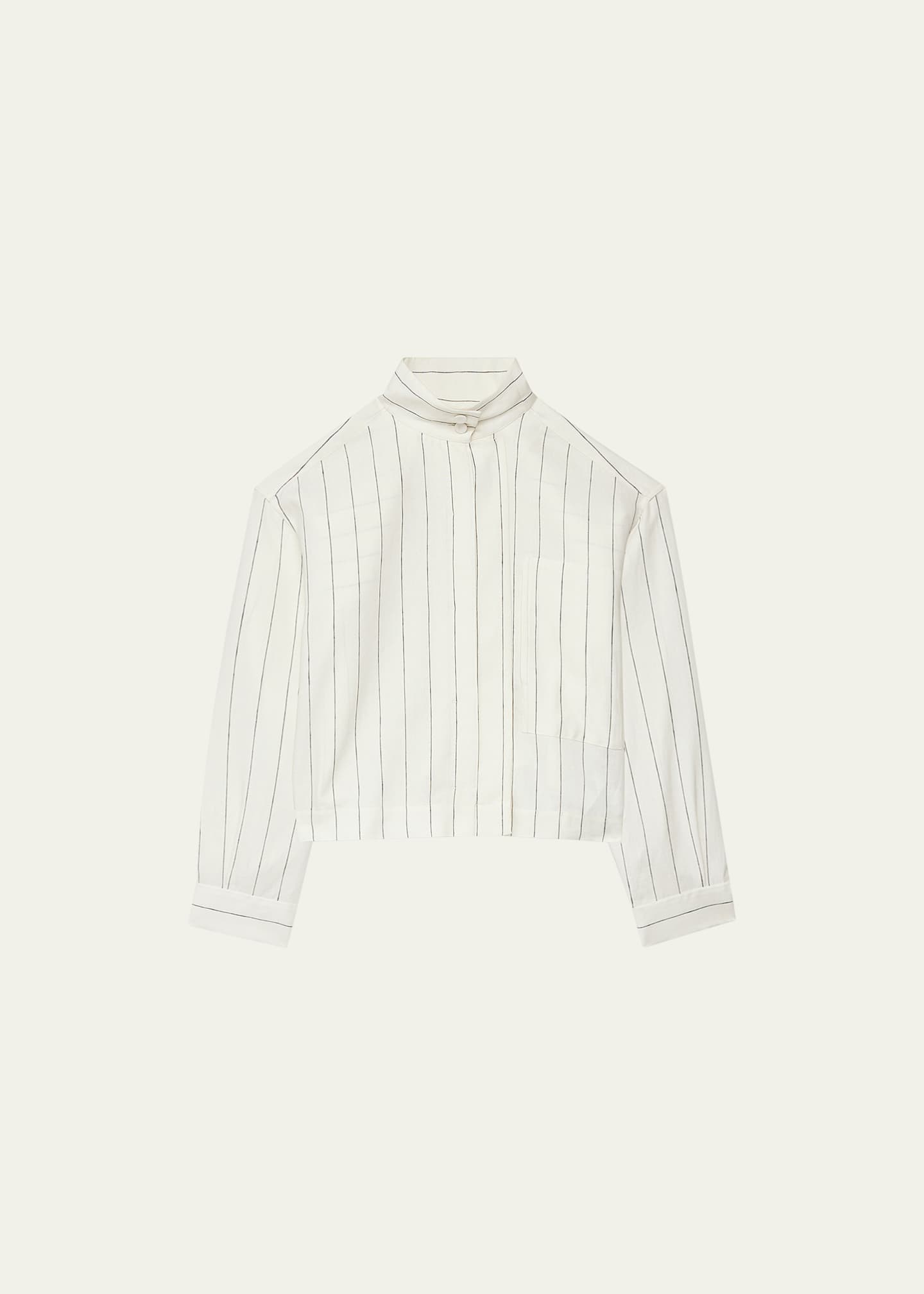 Another Tomorrow Stripe Stand-Collar Crop Linen Shirt Image 1 of 5