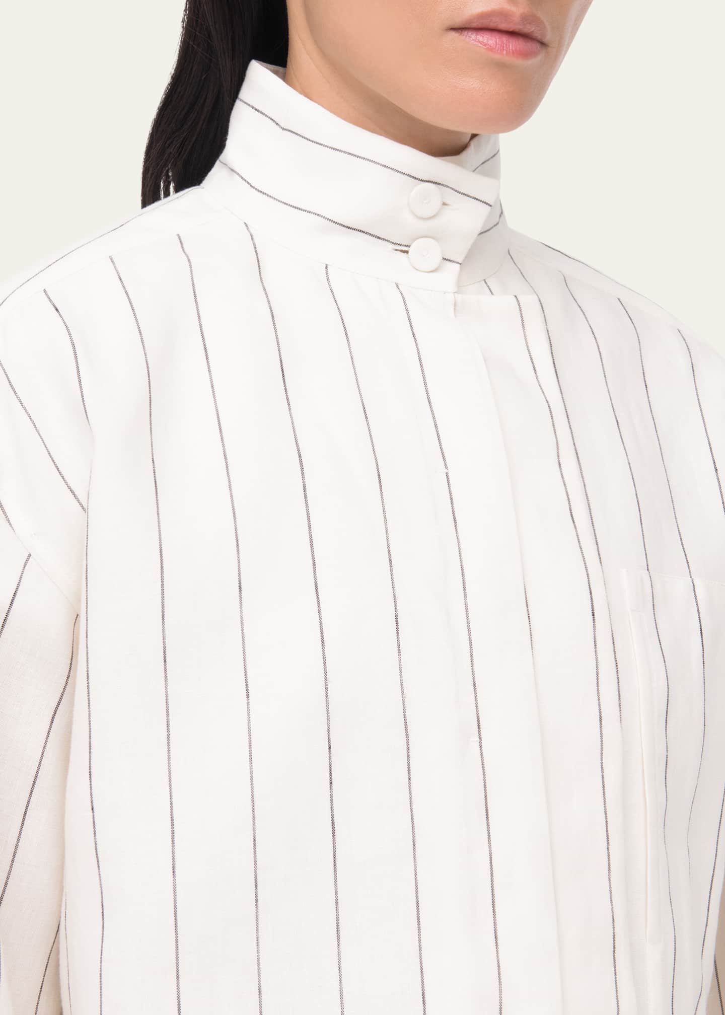 Another Tomorrow Stripe Stand-Collar Crop Linen Shirt Image 5 of 5