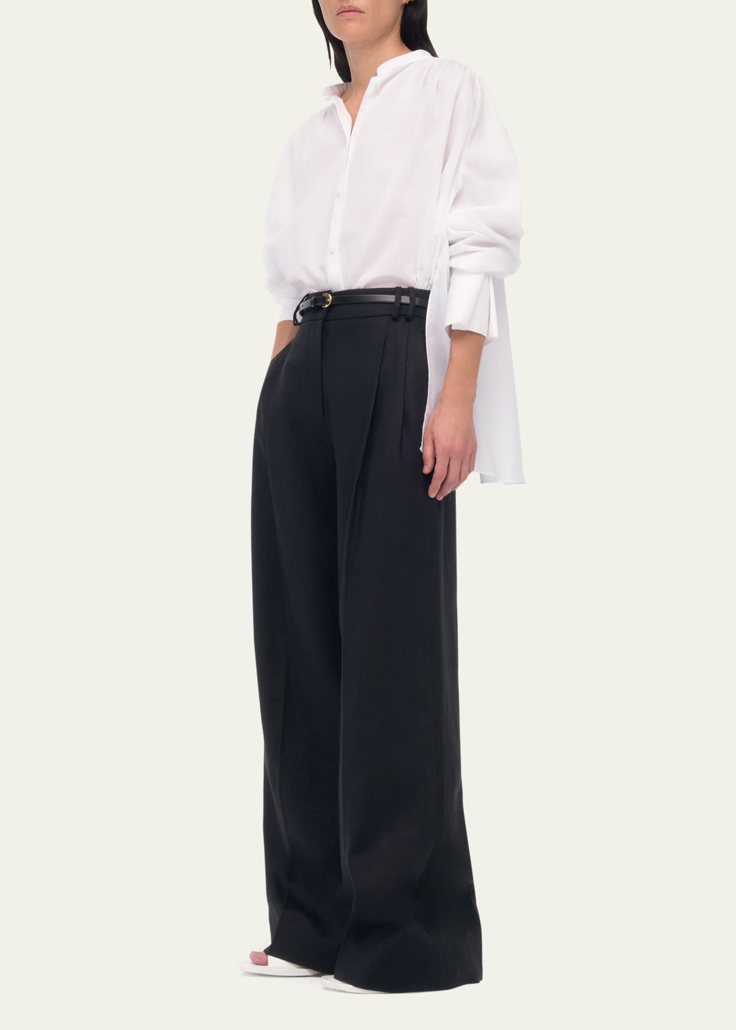 Another Tomorrow Pleated Front Wide-Leg Linen Trousers Image 2 of 5