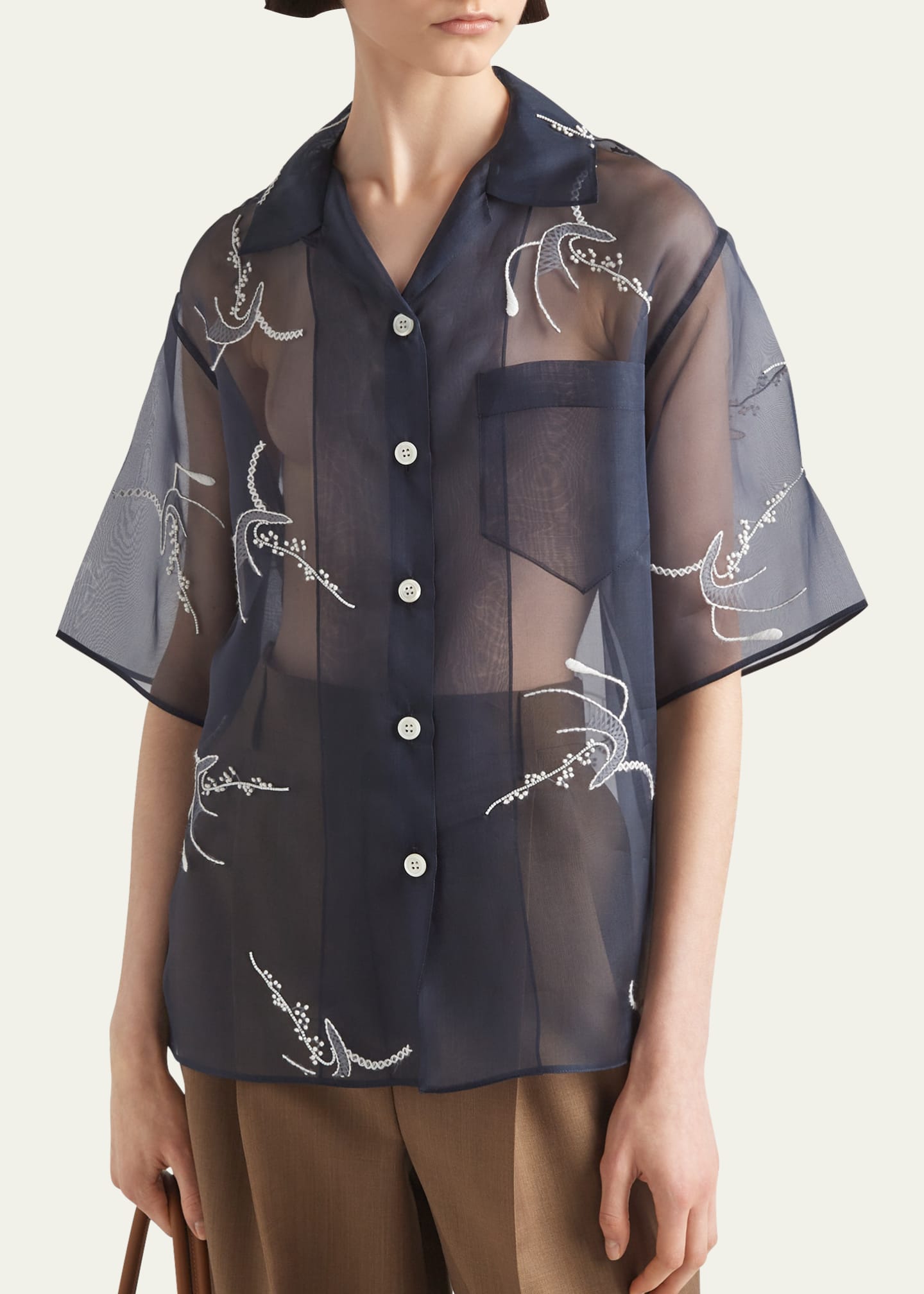 Prada Floral Organza Button Down Silk Shirt Image 4 of 5