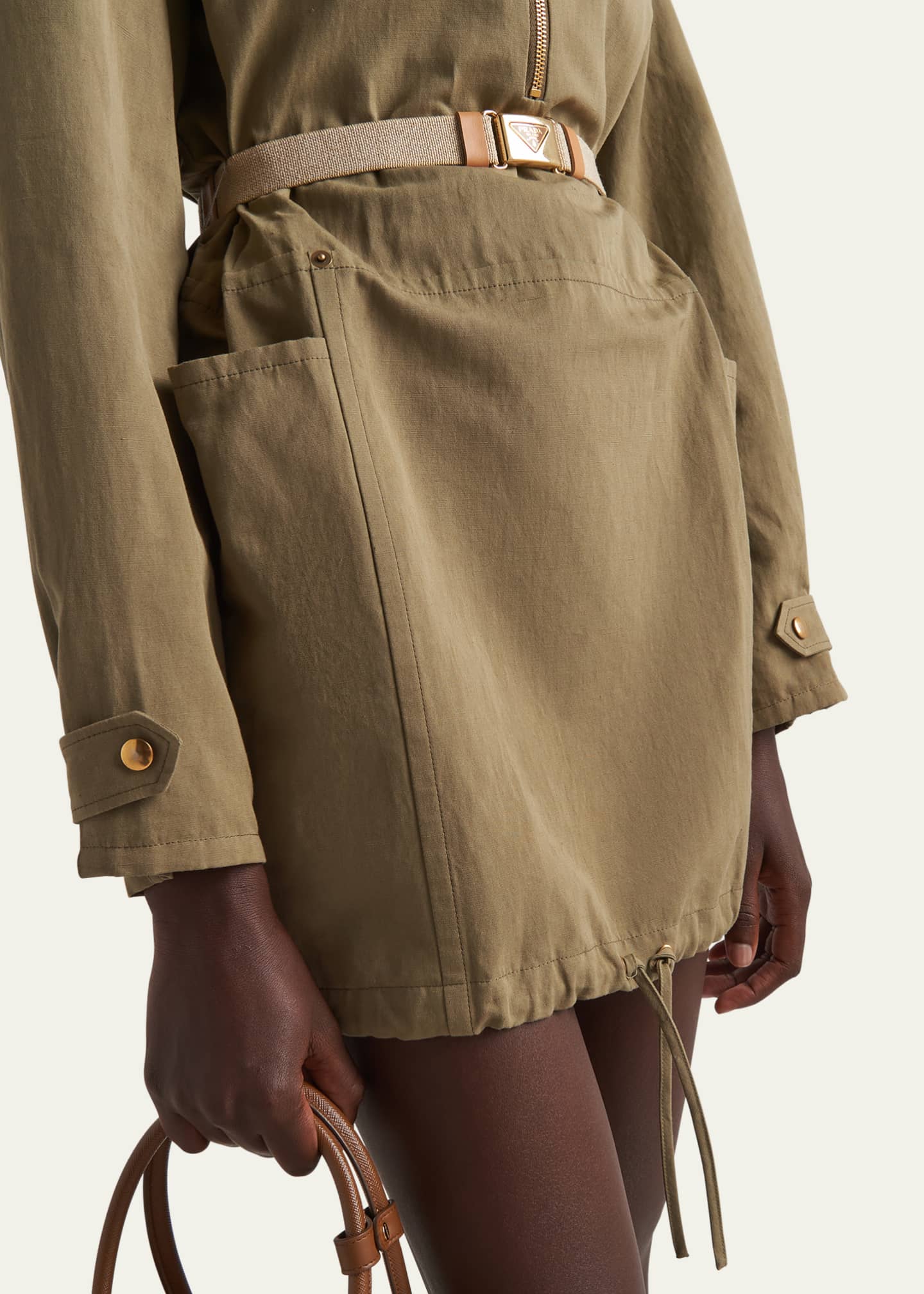 Prada Drawstring Belted Panama Cotton Mini Dress Image 4 of 4
