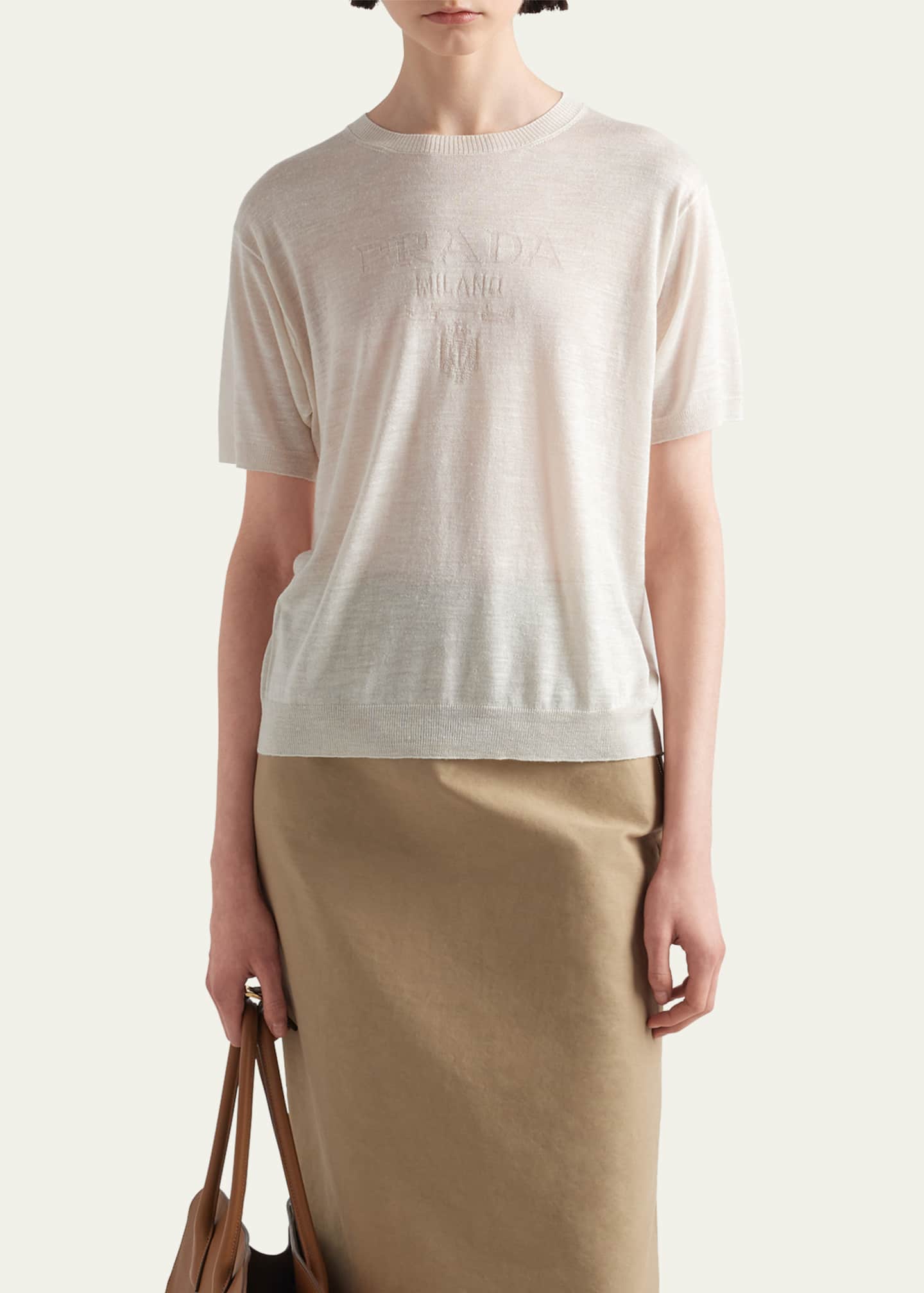 Prada Intarsia Logo Silk Linen Knit Shirt Image 4 of 4