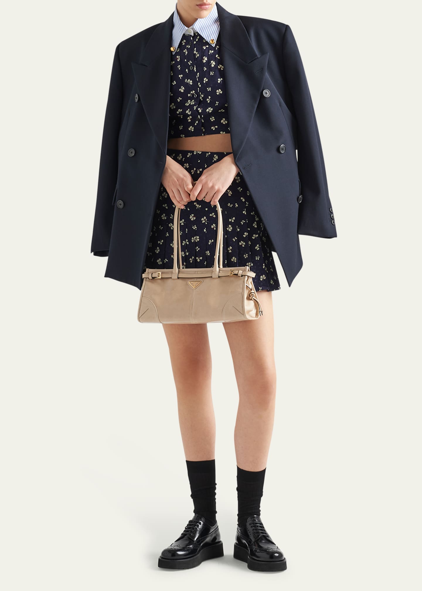 Prada Mixed-Print Crop Button Down Silk Shirt Image 2 of 5