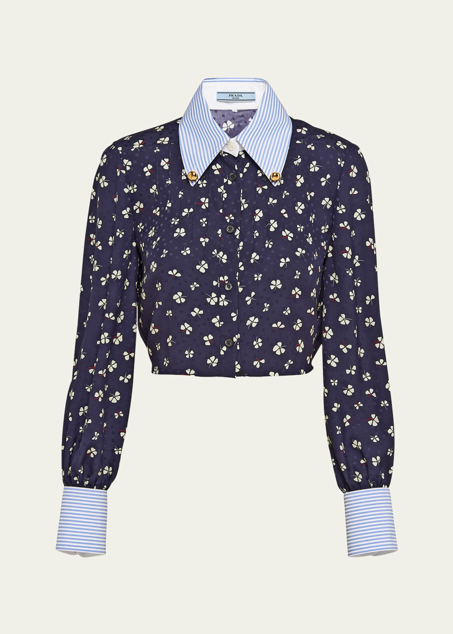 Prada Mixed-Print Crop Button Down Silk Shirt Image 1 of 5