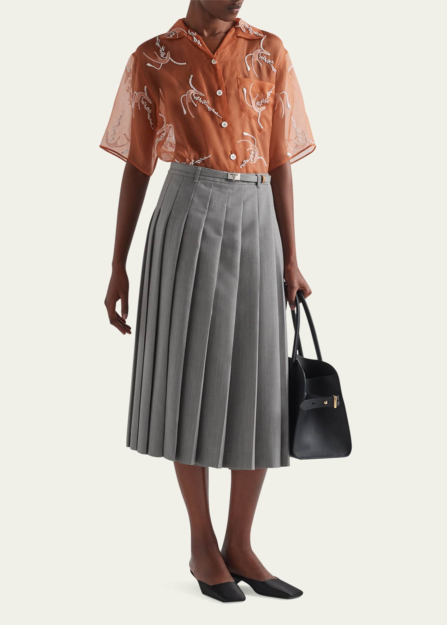 Prada Pleated Kid Mohair Belted Midi Skirt Image 2 of 5