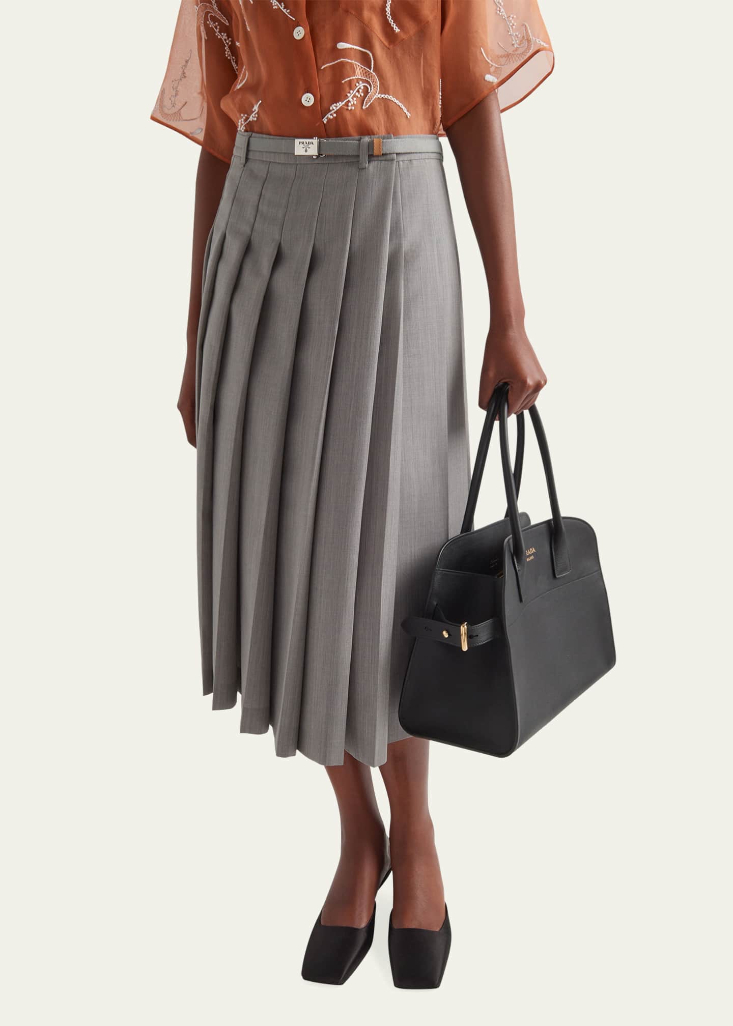 Prada Pleated Kid Mohair Belted Midi Skirt Image 4 of 5