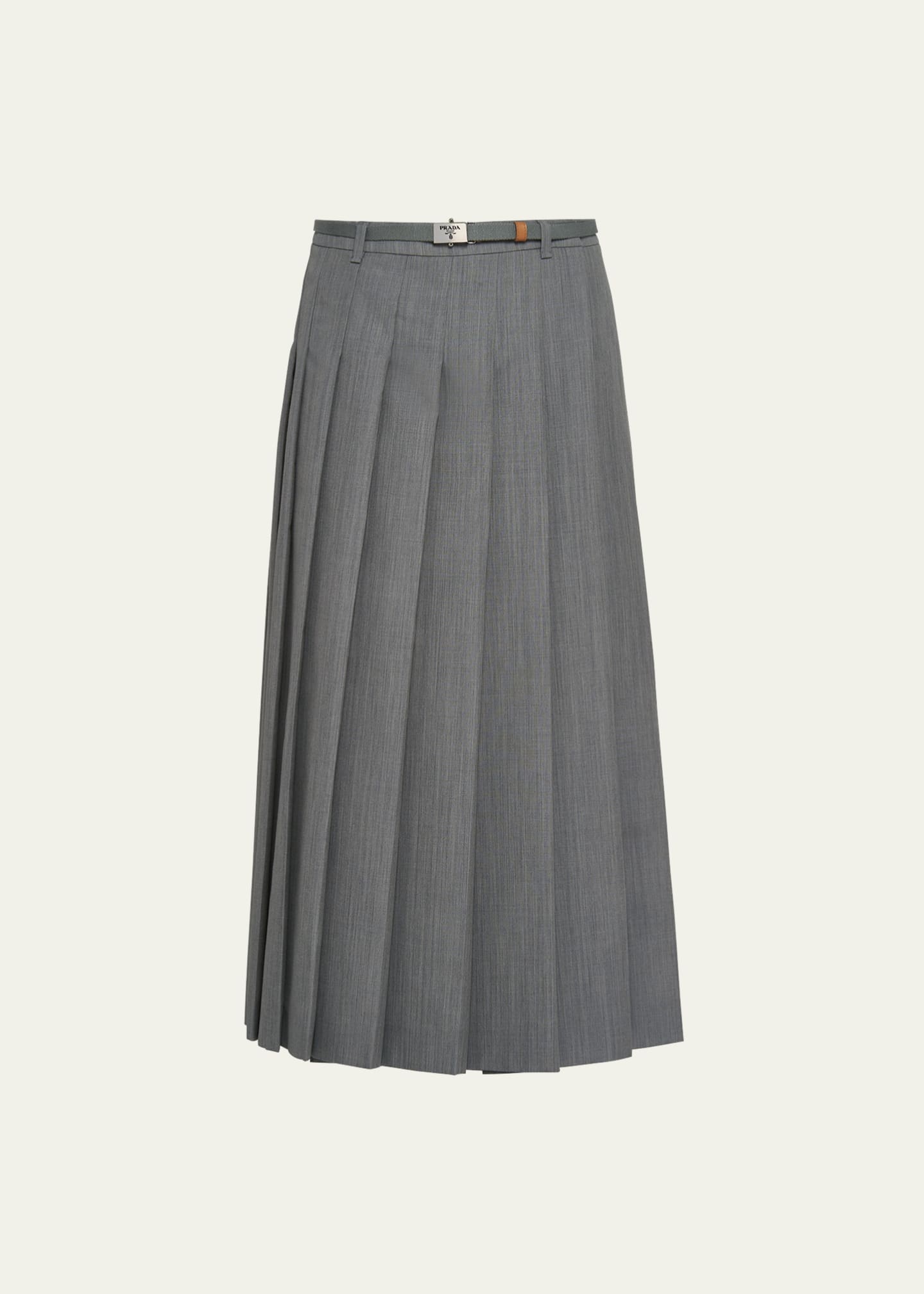 Prada Pleated Kid Mohair Belted Midi Skirt Image 1 of 5