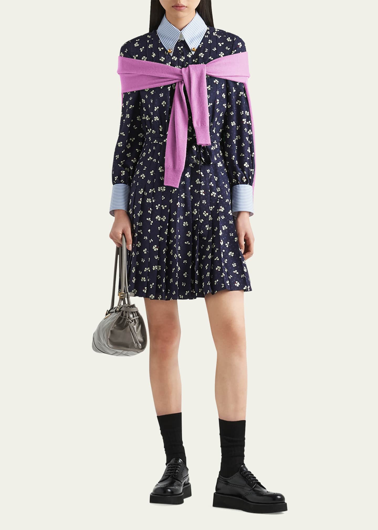 Prada Jacquard Flower Pleated Belted Mini Dress Image 2 of 4
